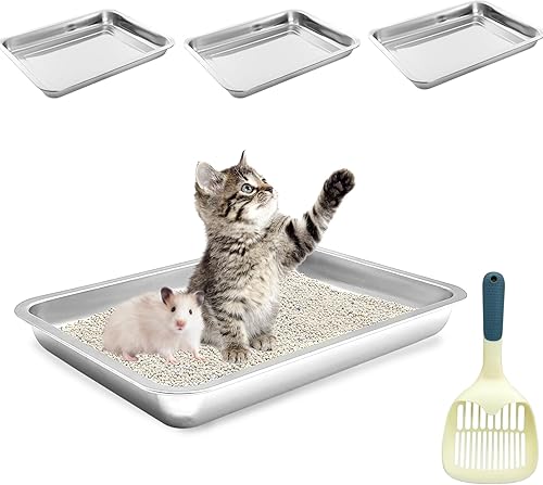 BNOSDM Caja de arena para gatitos de acero inoxidable, 6 piezas, bandeja de arena pequeña y poco profunda para gatos con cuchara, bandeja de arena