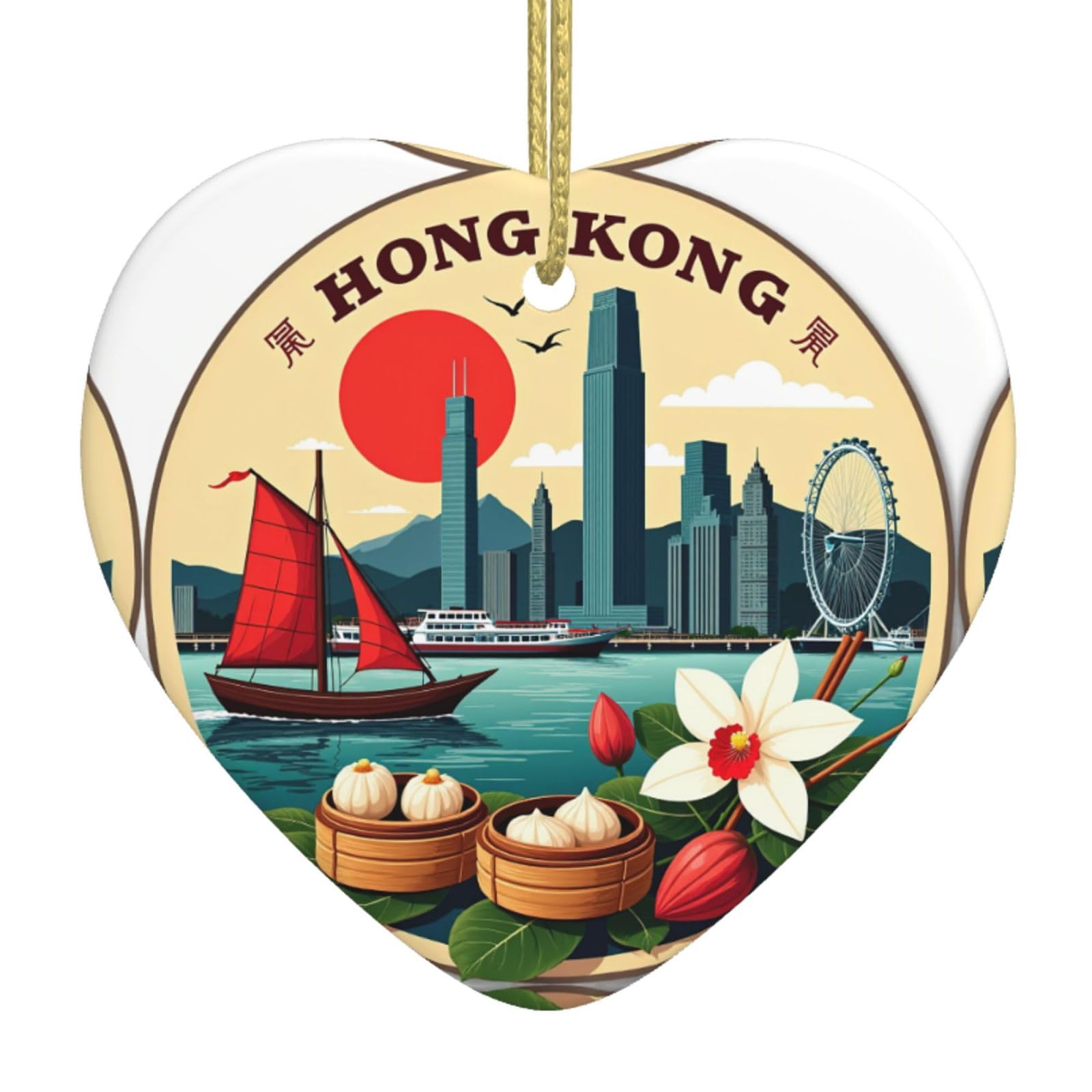 Hong Kong Cityscape With Boat Christmas Tree Ceramic Hanging Heart Shaped Ornament Pendant Holiday Party Home Decor