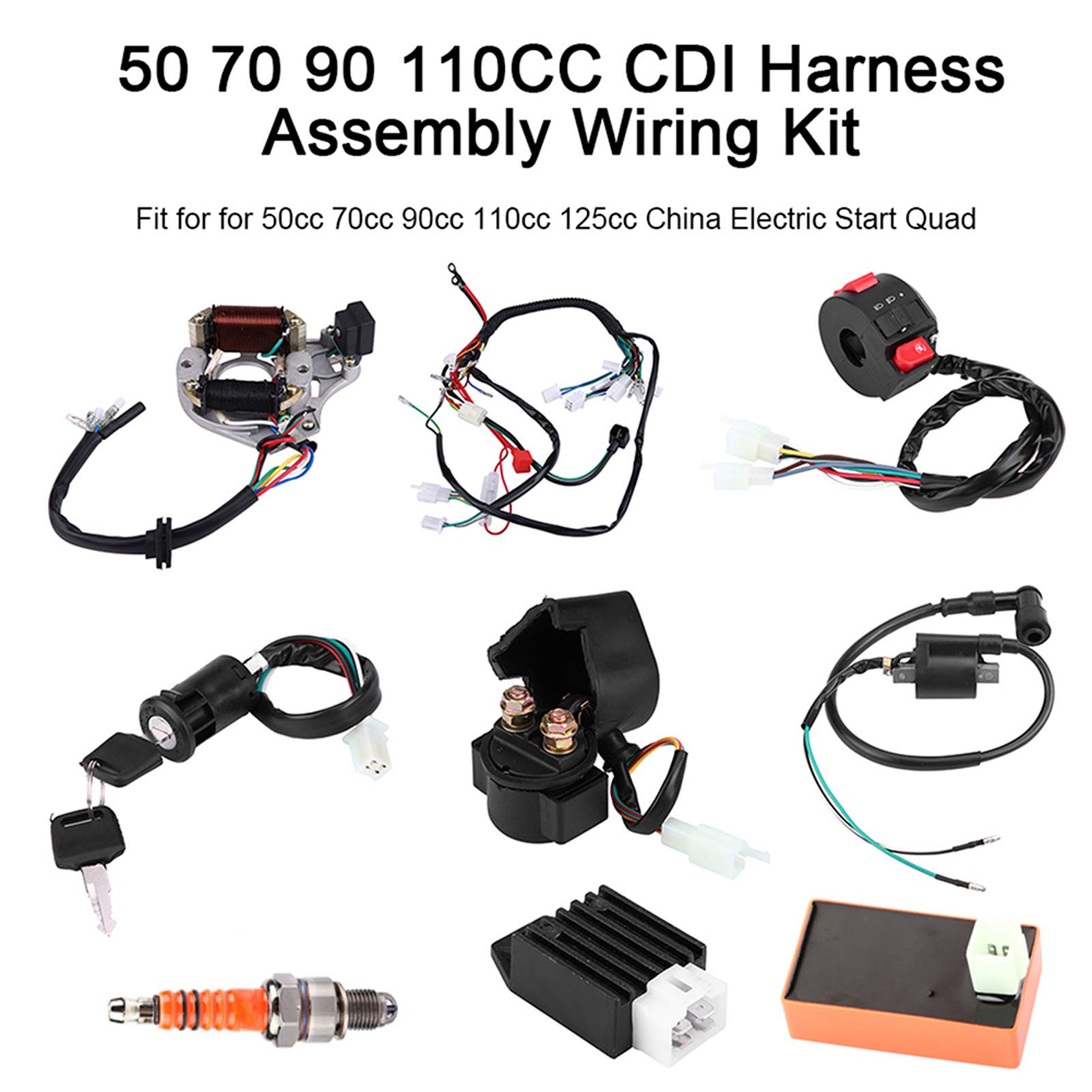 Bobina de encendido CDI, bujía 50 70 90 CDI Conjunto de arnés Kit de cableado ATV Arranque eléctrico QUAD