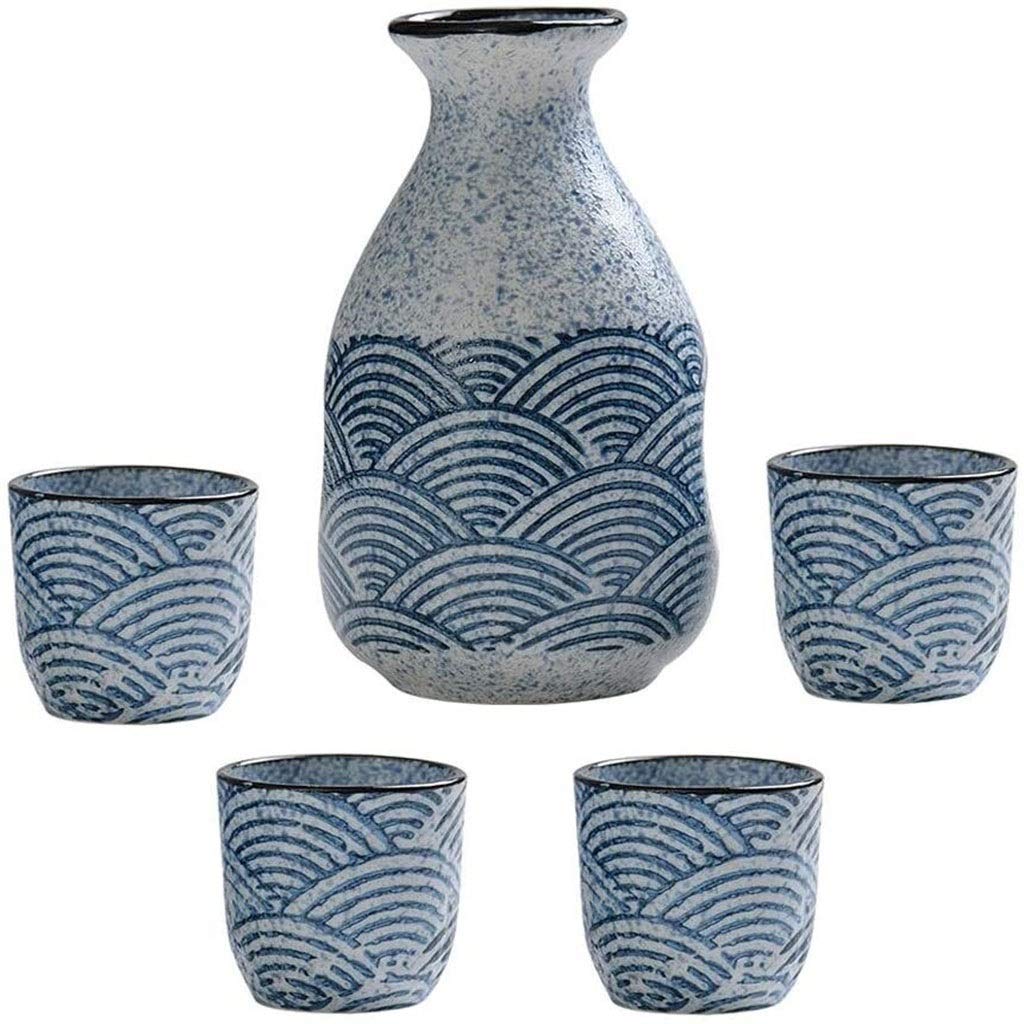 Service à saké japonais, ensemble de 5 tasses à saké, tasses en céramique au design de texture ondulée pittoresque, verres à vin artisanaux, pour froid/chaud/shochu/thé, meilleur cadeau pour la famil