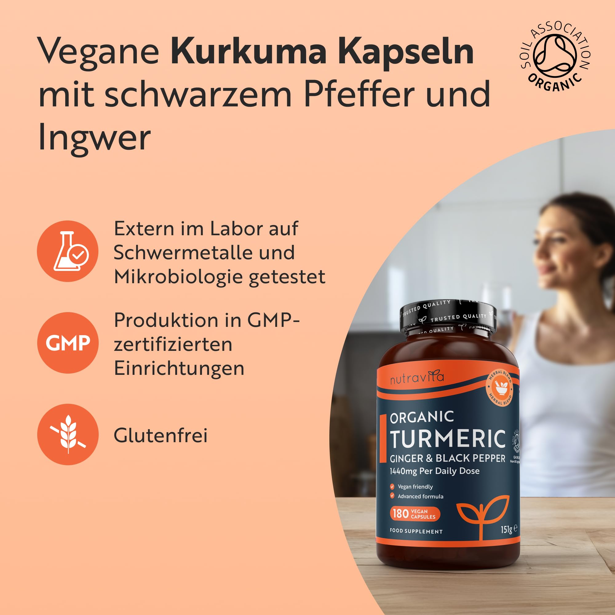 Nutravita Bio Kurkuma Kapseln 1440 mg, schwarzem Pfeffer & Ingwer - 180 vegane Kurkuma Kapseln Hochdosiert (3-Monats-Lieferung) - Curcumin - Bio von Soil Association - 144mg Curcuma Pulver pro Dosis