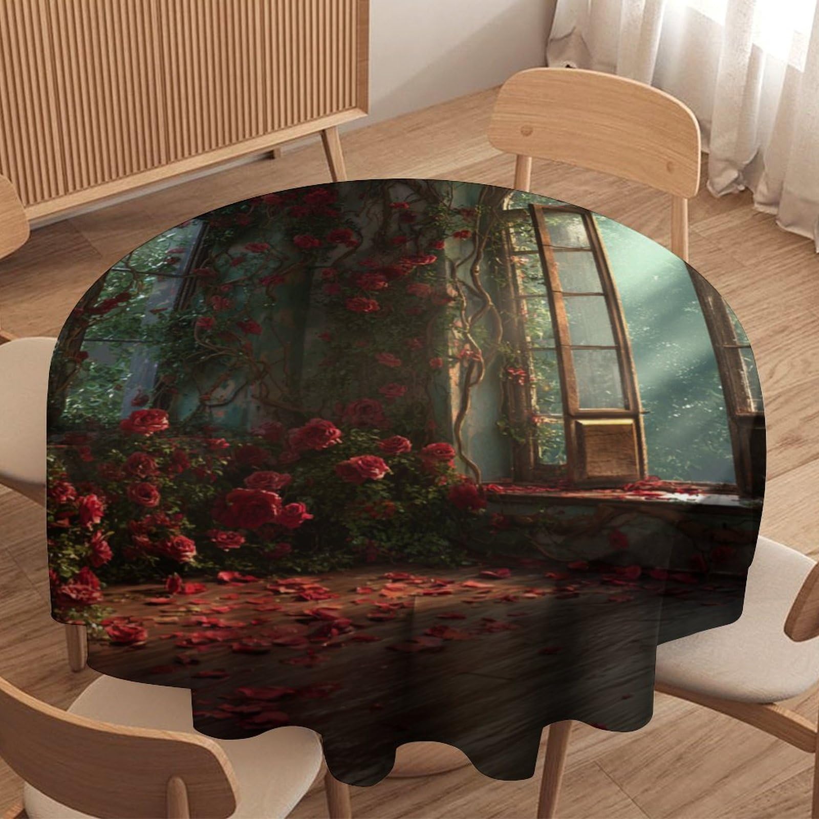 LUYYSKY Fantasy Classic Roses Flowers Waterproof Round Tablecloth Retro Realistic Spring Window Botanical Red Roses Print Washable Table Cover for Kitchen-127 Wx127 L cm