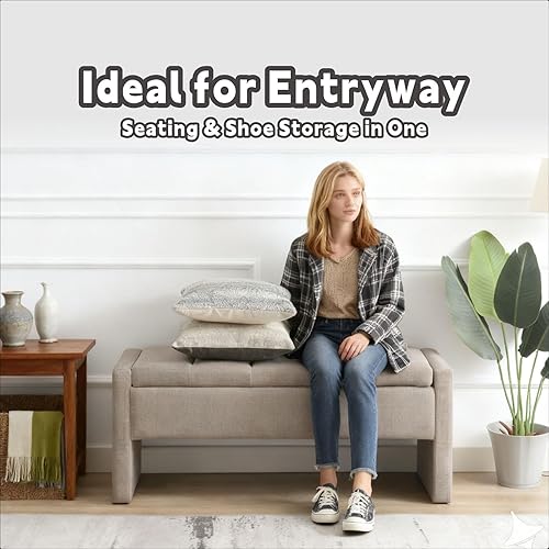 Miniatura 7 de Otomana de 47.25'' con almacenamiento, banco de almacenamiento al pie de la cama, banco de entrada - reposapiés multifuncional tapizado en lino para