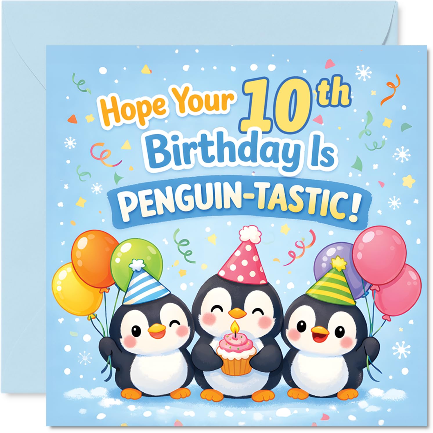 Playful 10th Birthday Card - Make Their Big Day Penguin-tastic - Cheery Penguins in Party Hats with Colourful Balloons - 145mm Square, Envelope Included