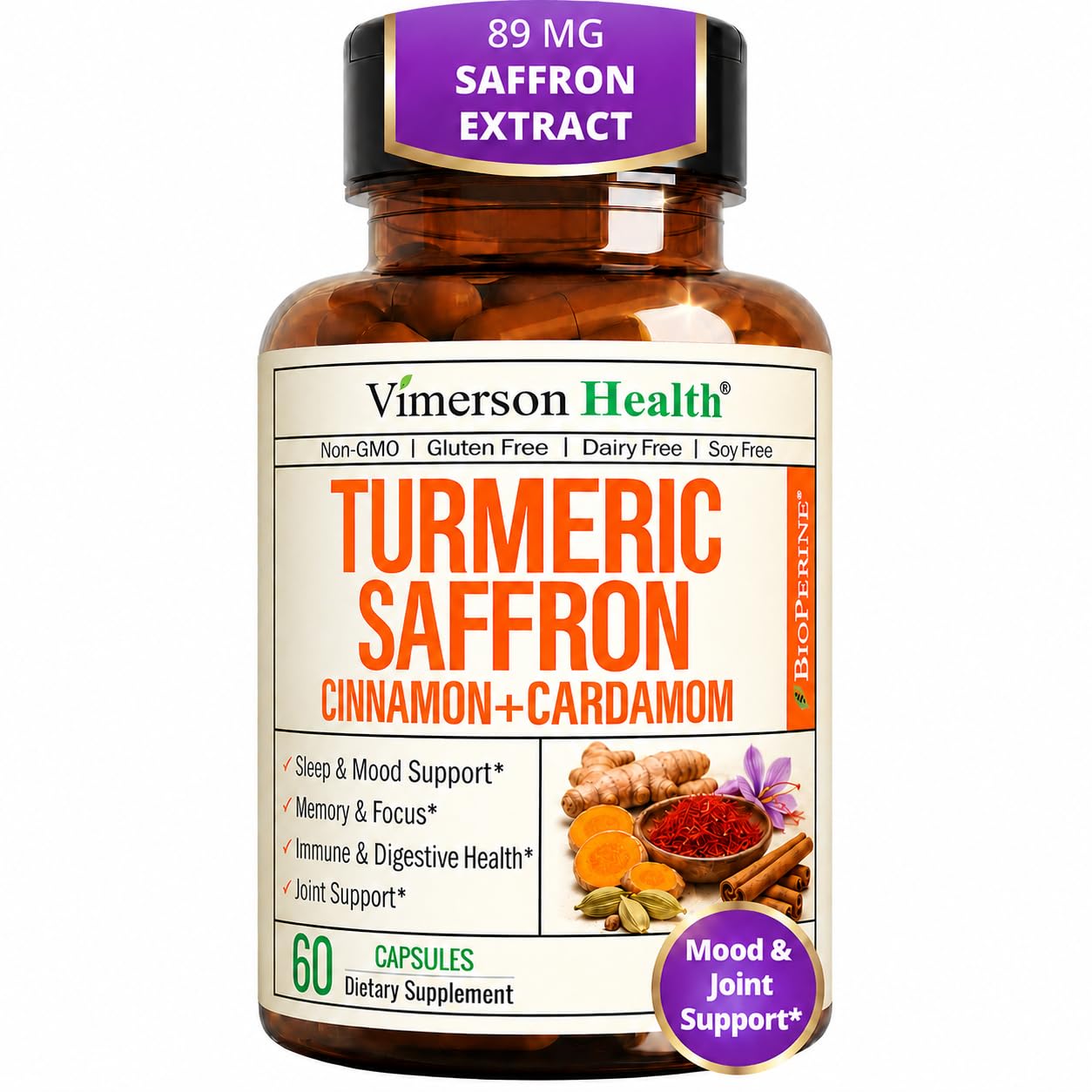 Saffron Supplements w/Saffron Extract 89mg + 1000mg Turmeric Curcumin 60Ct 60 Count (Pack of 1)