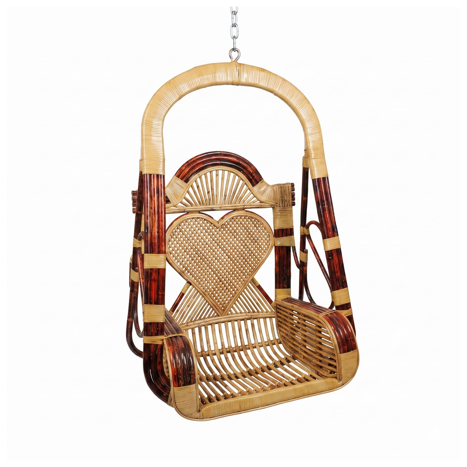 Handmade Bamboo Cane Swing Chair with Chain | Traditional Rattan Hanging Jhula for Adults & Kids | Heart Design Indoor Outdoor Hammock Swing | 200 KG Load Capacity-image-13