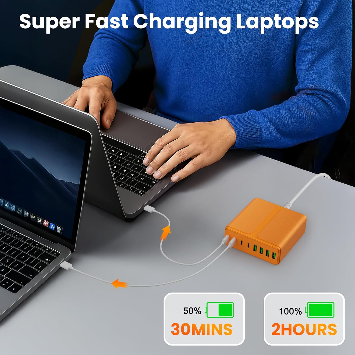 320W USB C Charger Block, 8-Port USB C Charging Station PD 65W PC Laptop Fast Charger Adapter for MacBookPro/Air,DELL,iPad,Portable Charging Station for iPhone,Samsung Galaxy (Orange)