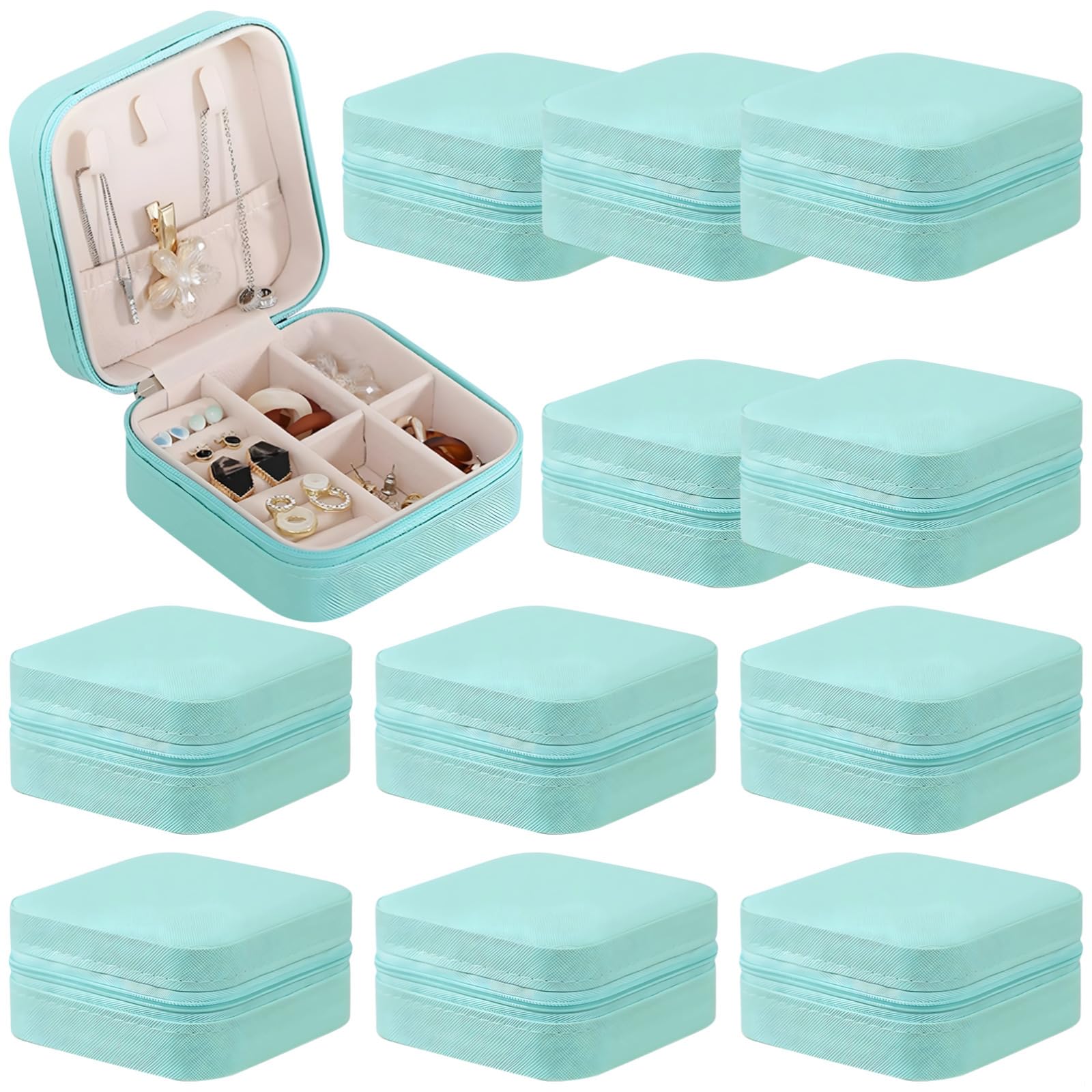 Pequeño joyero de piel sintética, organizador de viaje de 12 piezas con cremallera para anillos, aretes, collares, incluye separadores y ganchos