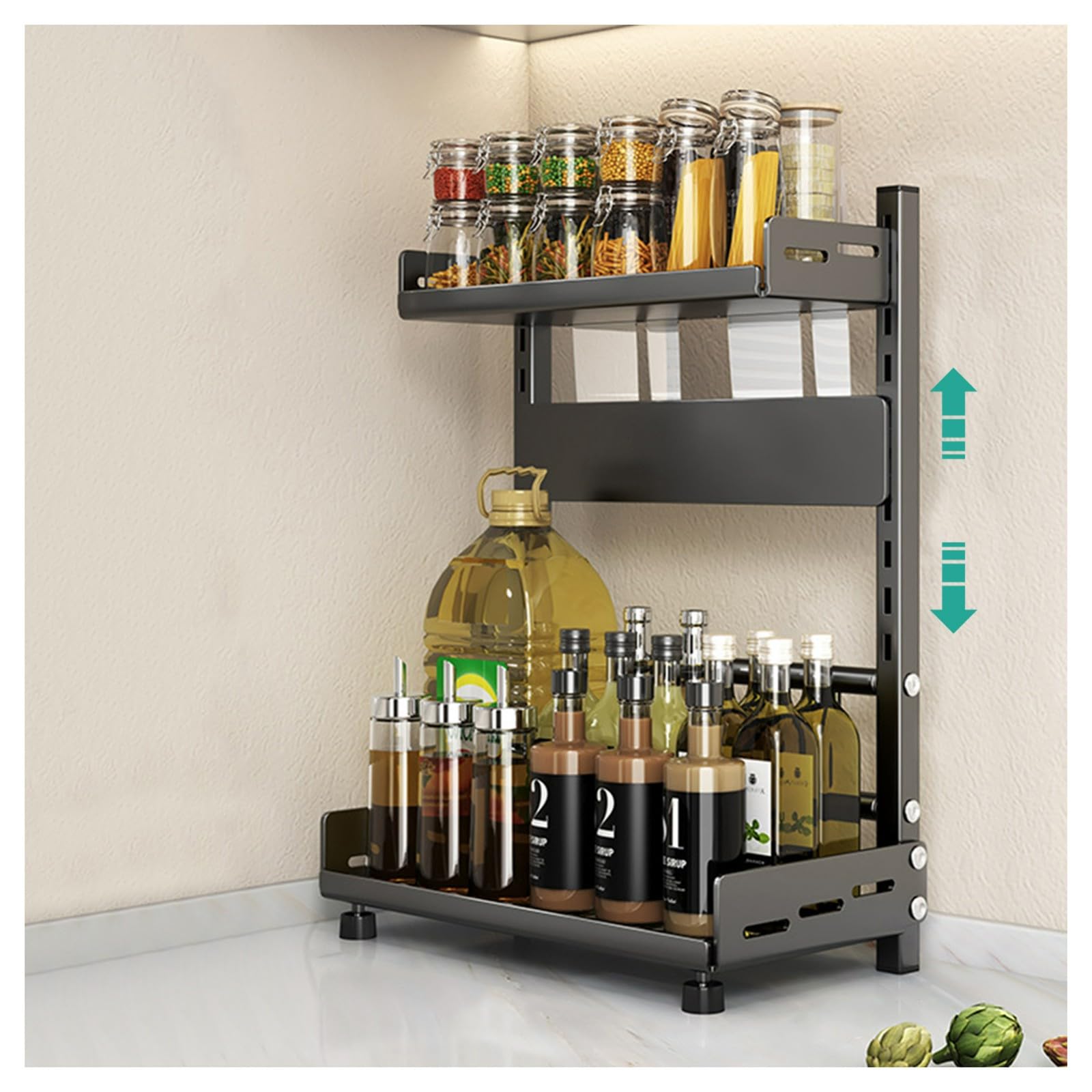 HADECOLL 3-Tier Adjustable Spice Rack, Height-Adjustable Metal Kitchen Organizer With Knife Slot, Rustproof Storage For Countertop And Cabinet,Black-2 Tier-30cm