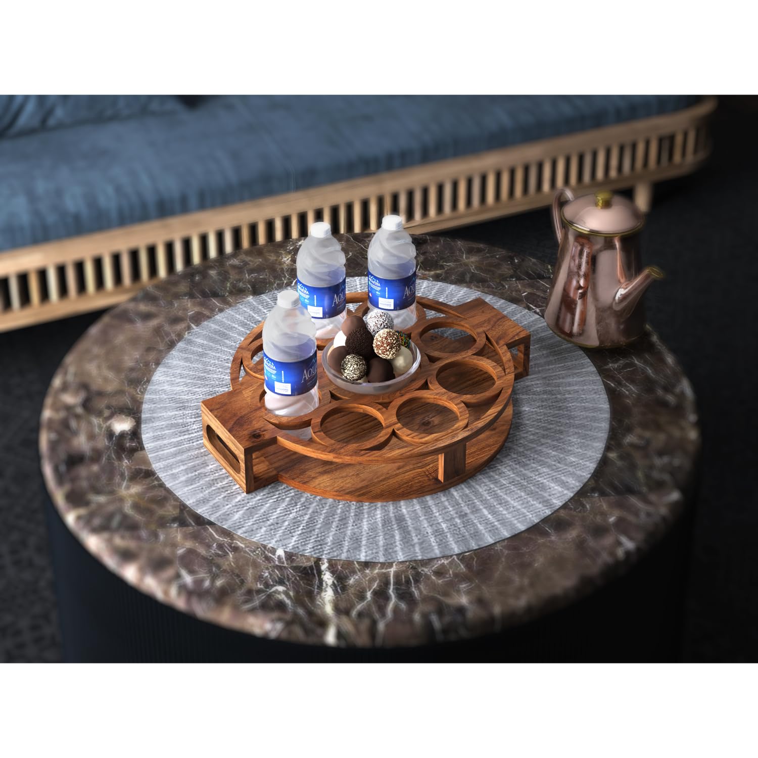 HilalFul Veneer Wood Multi-Use Tray - Circular | Eid Kitchen & Table Decoration Centrepiece | Organiser for Tea, Coffee, Drinks, Snacks, Food, Breakfast, Dinner Serving | Lightweight | Ideal Gift