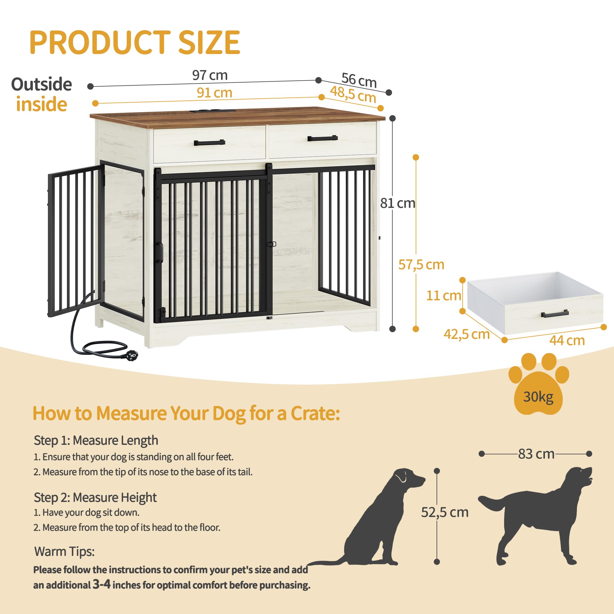Cage pour Chien Meuble avec Prise, Table d'appoint pour Moyens/Grands Chiens, 97 x 56 x 81 cm, Blanc et Marron