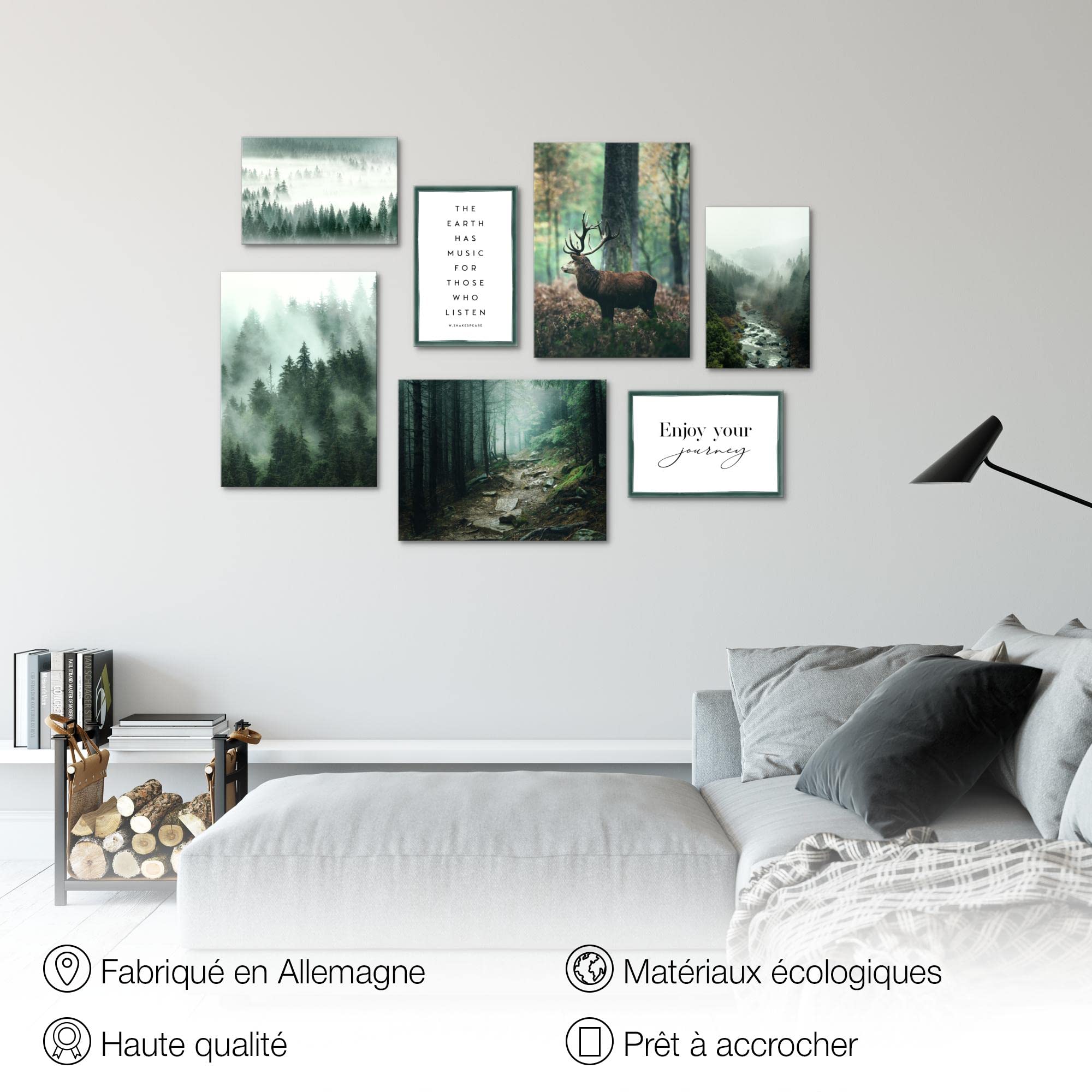 Novart- Tableau Décoration Murale- Wald Hirsch- Decoration Chambre Salon- Prêt à être Accroché- 7 Cadres de 30x40 & 20x30 cm- Vert- N004671a