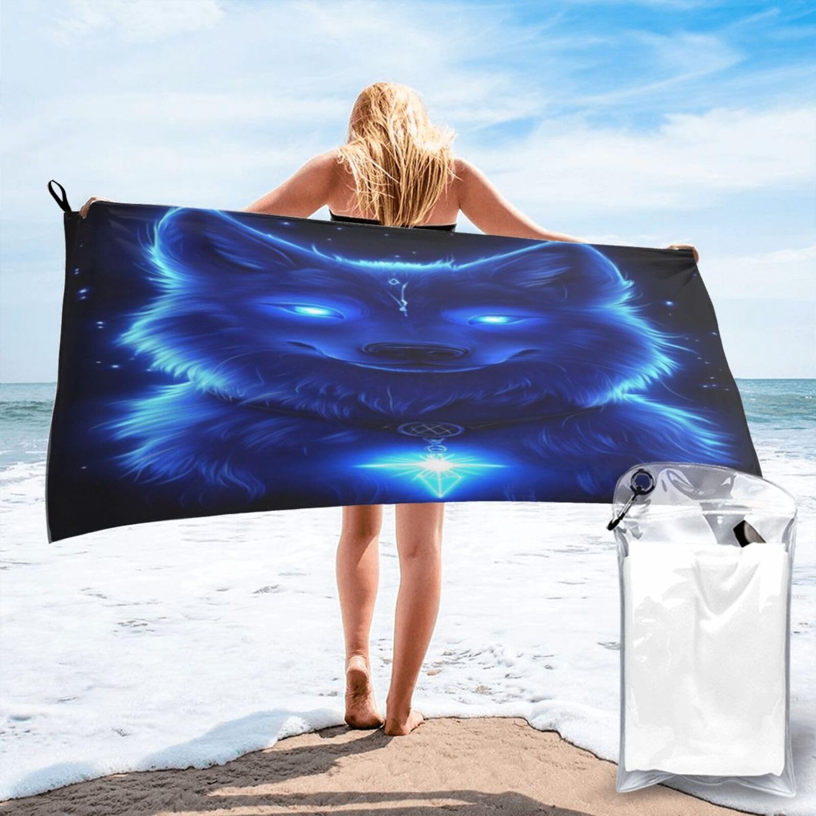 Anceky Glowing Blue Wolf Portrait Digital Art Quick Dry Microfiber Travel Towel with Carry Case and Carabiner 27.5"X55"