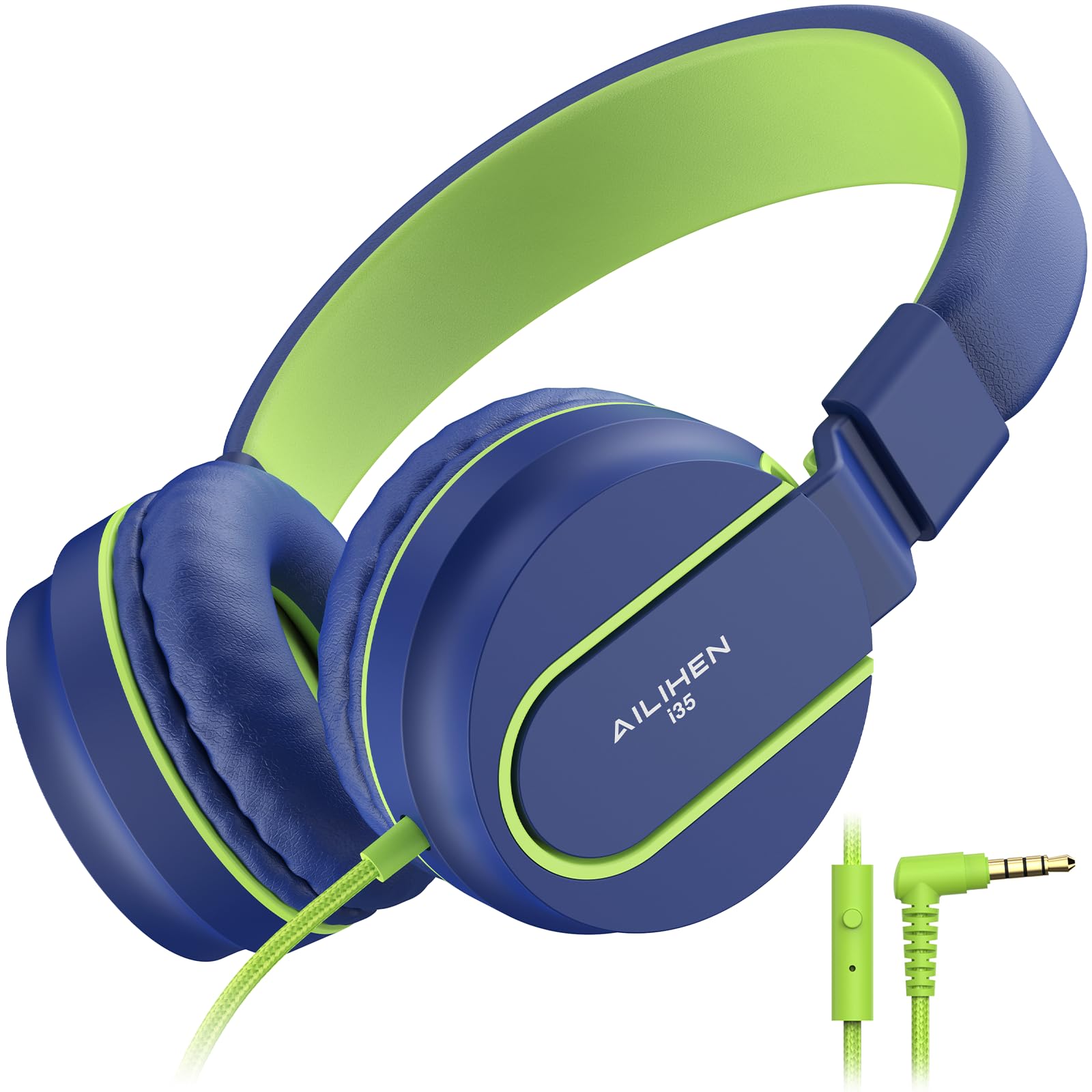 AILIHEN Kids Headphones, I35 On-Ear Headphones for School, Safe Volume 93dB, HD Mic Stereo Headphone for Kid Girls Boys, Foldable 3.5mm Wired for Chromebook, Laptop, Computer, Tablet (Blue Green)