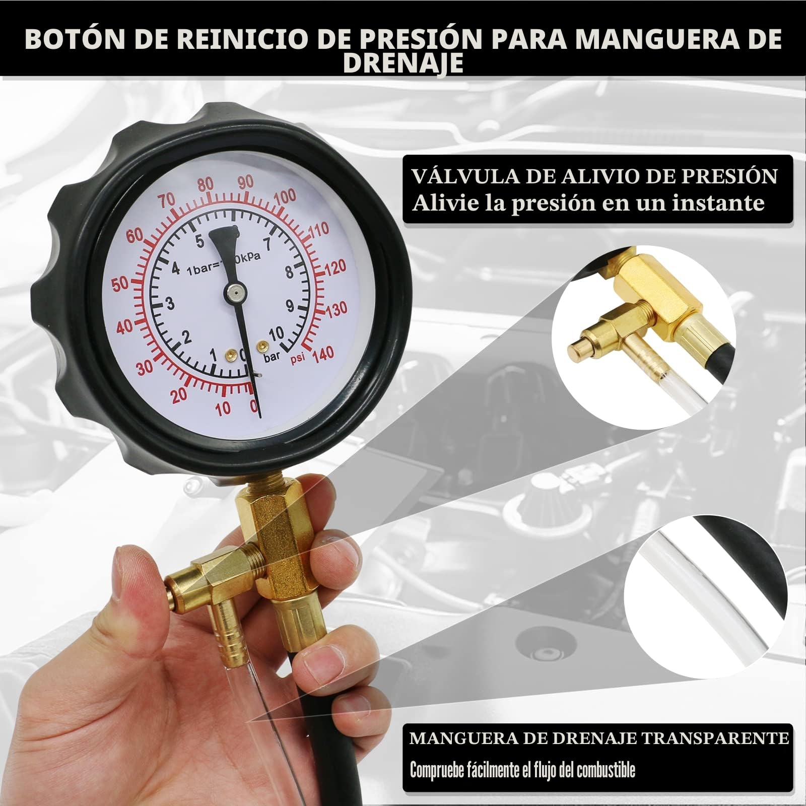 Comprobador De Presión De Bomba De Combustible Diesel Y Gasolina 0-140 PSI,Kit de Medidor de Presión de Inyección de Combustible del Motor