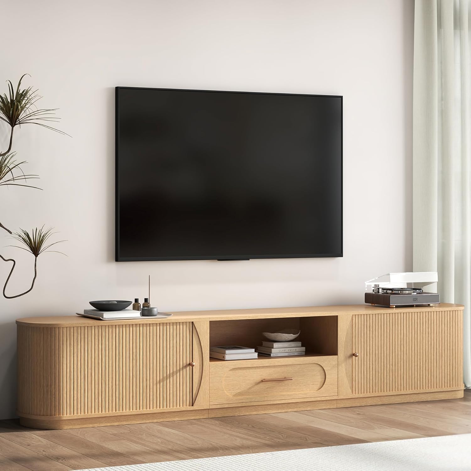 94.5" TV Stand with Fluted Sliding Doors and Hidden Storage for Living Room, Farmhouse Wooden Media Console with Open Shelf and Drawer for 55-85 Inch TVs, Natural Oak Brown