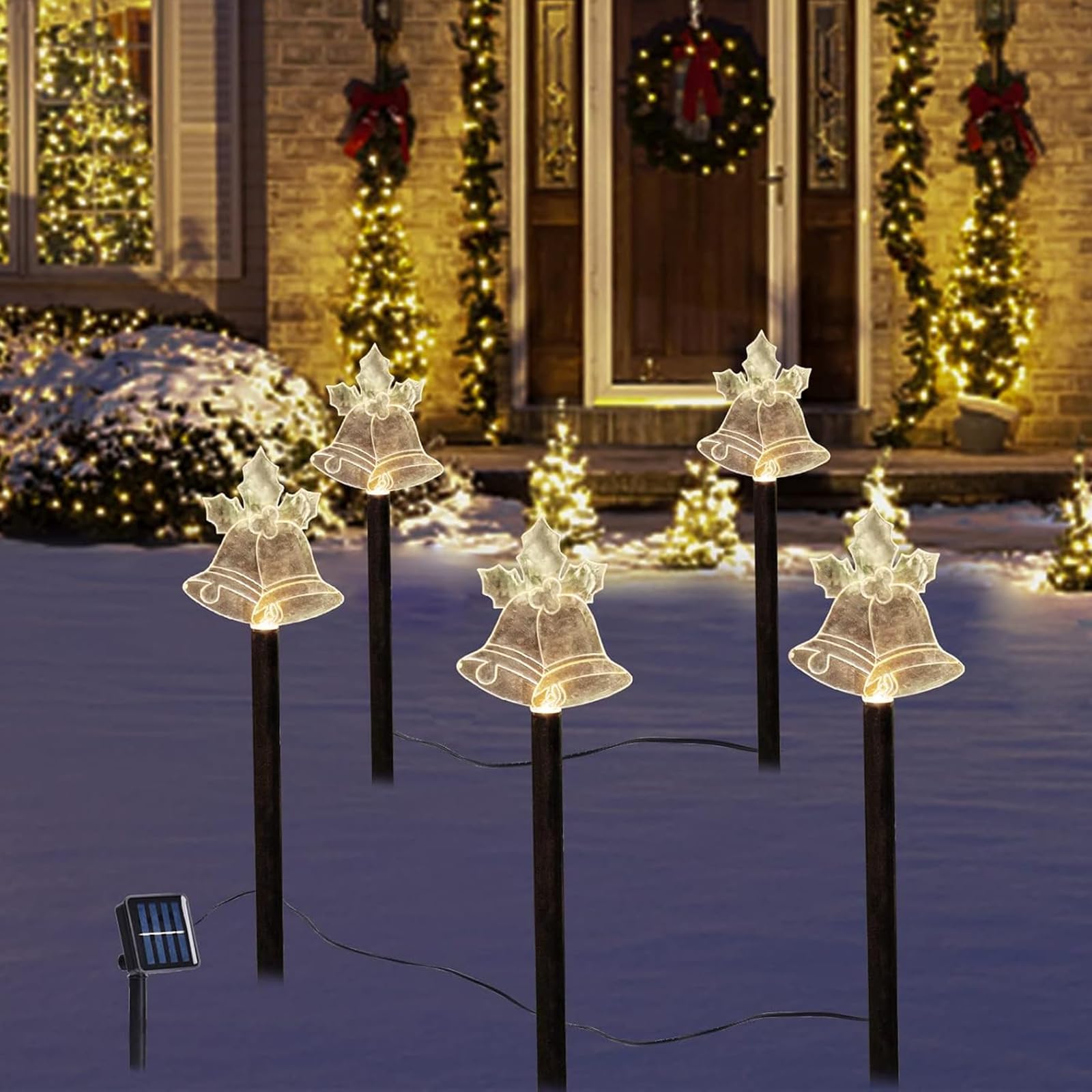 5 Pack Solar Outdoor IP65 Waterproof LED Fairy Lights, Reindeer Christmas Tree Bells Santa Light Sticks for Garden, Patio, Wedding