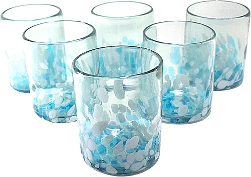 MAREY Hand Blown Drinking Glasses Artisan Crafted from Mexico Set of 6 pieces Sky Confetti, Old Fashioned 10 Oz.