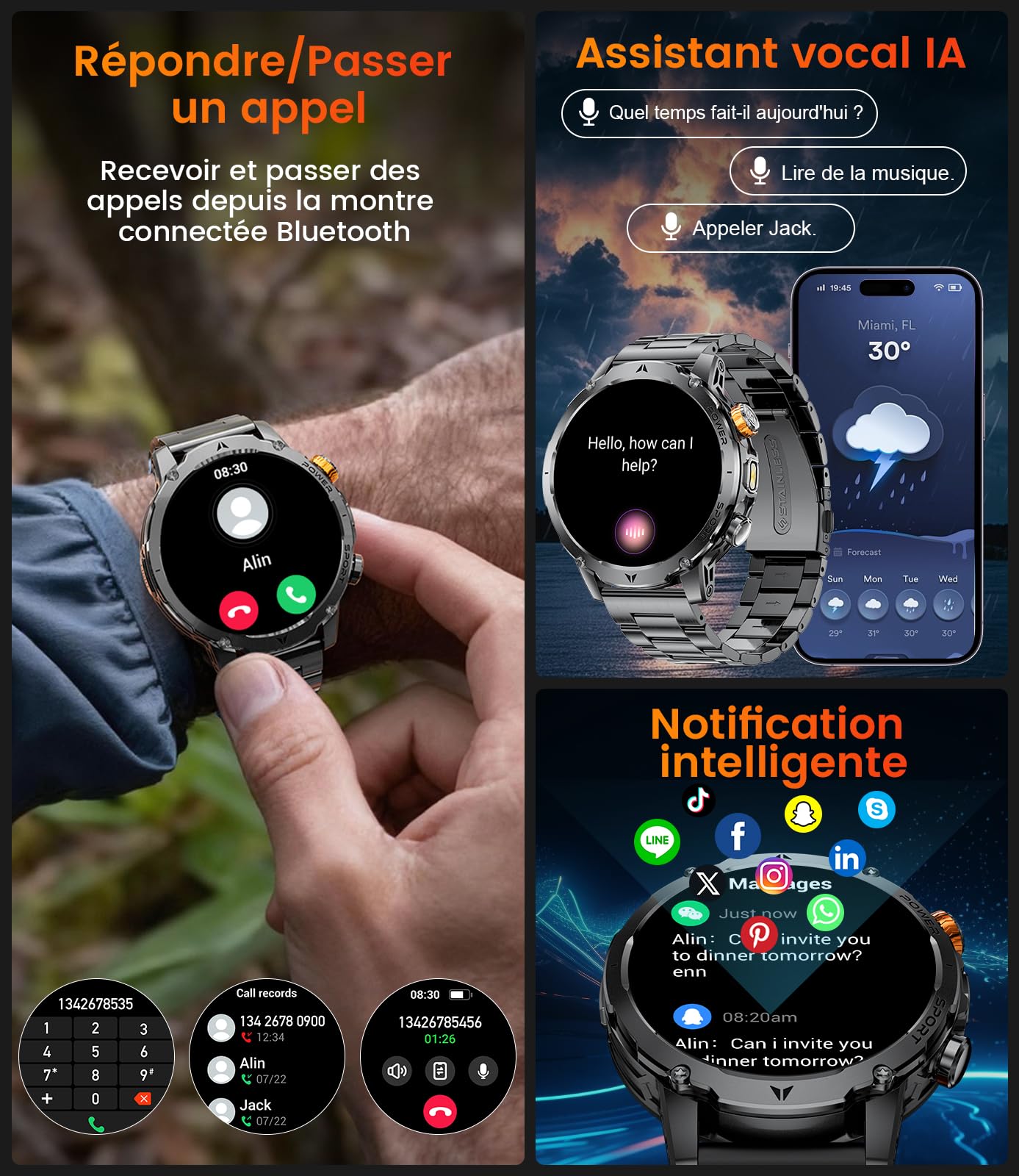 EF24 Montre Connectée Homme Militaire avec Lampe Torche LED, Écran HD 1,85 Pouce, Batterie 1000mAh, 100 Modes Sportifs, IP68 Étanche, 3 Bracelets, Câble USB et Type-C, pour Android iOS (Noir)