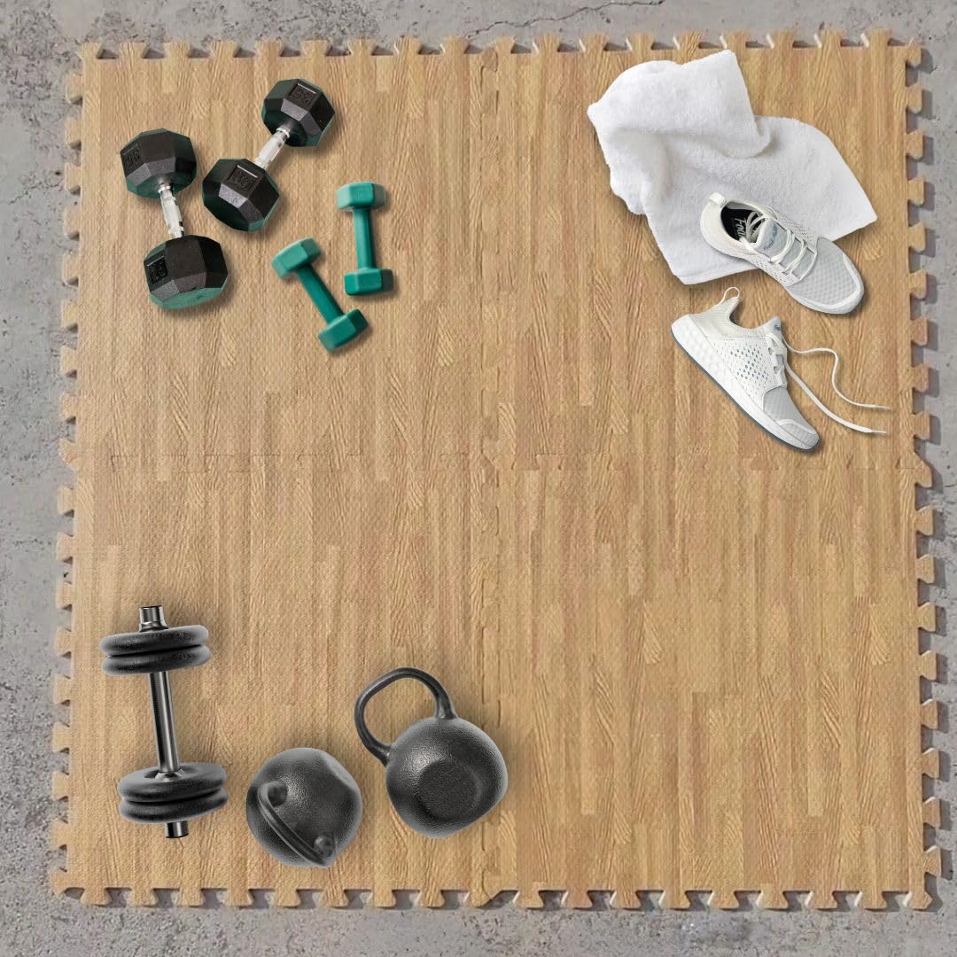 Pack Suelo Tatami – Esterilla Gimnasio Puzzle | Protege, Acolcha, Aísla y Decora | para Casa, Fitness o Piscina | Goma Eva Suave y Antideslizante | Libre de BPA | 16 Imitación Parquet