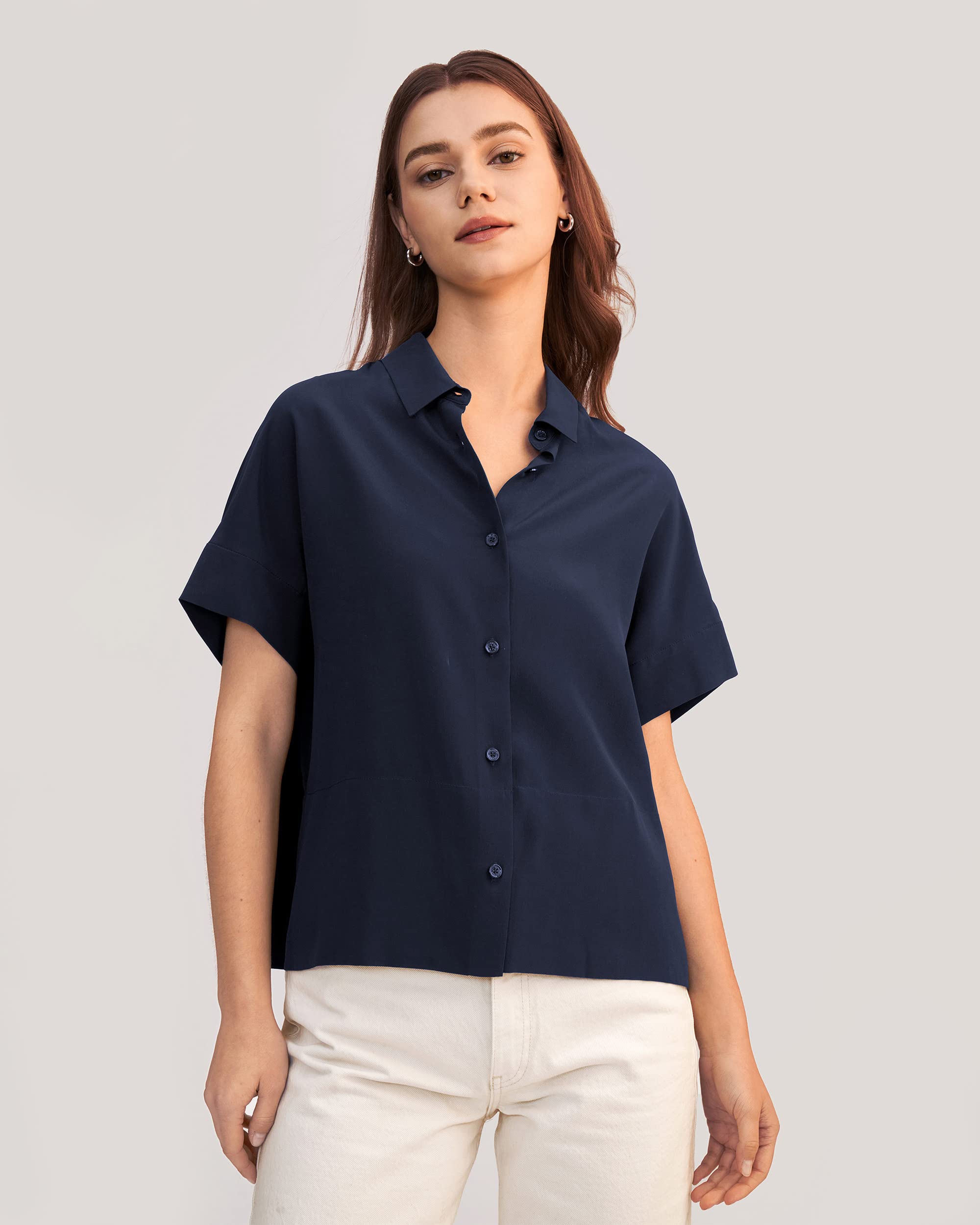 LilySilk Lässiges Lockeres Seiden T-Shirt mit kurzen Ärmeln Damen Seiden Blusen Tops Shirt Seidenhemd Kurzarm Hemdbluse Einfarbige Tops Frauen