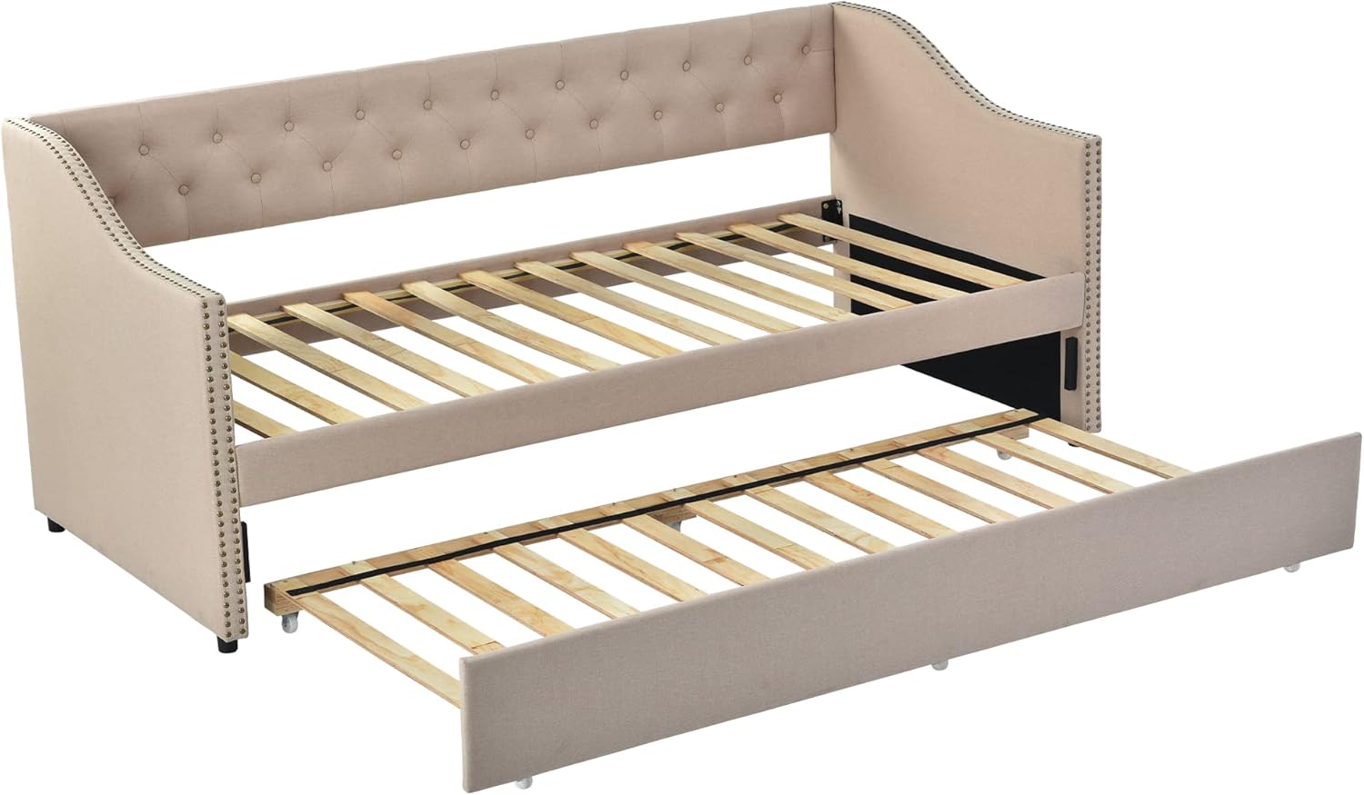 Moimhear Cama tapizada 90 x 200 cm, cama individual, cama doble, sofá cama extensible, beige, tela de lino resistente, cama juvenil (beige)