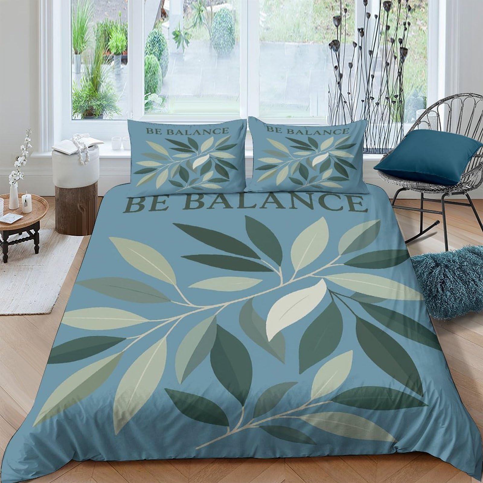 TUFRTGYHN 3D Printed Leaf Botanical Duvet Cover Set Microfiber Soft Breathable with 2 Pillowcases for Bedroom Decor, Double, Blue Green Single（135x200cm）
