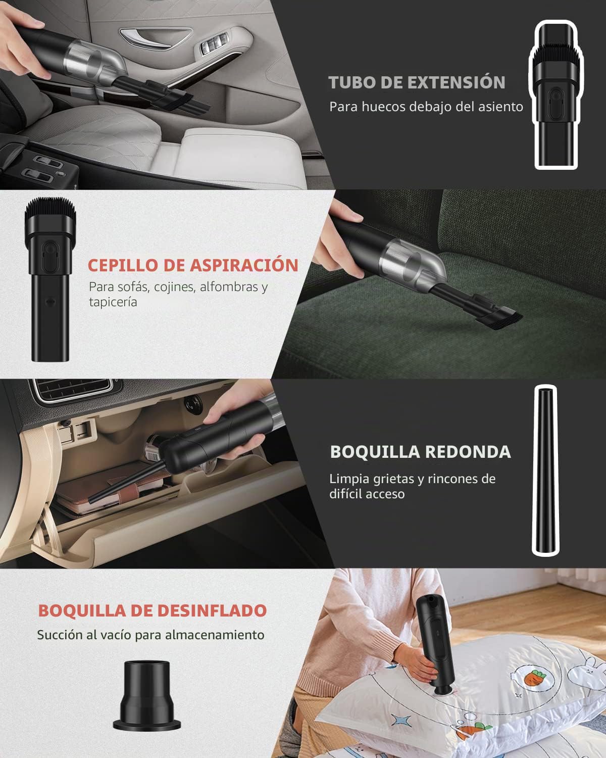 Aspiradora de Mano 2 en 1 y Soplador de Aire Comprimido Eléctrico, 10000-15000Pa, 50000-90000 RPM, Aspiradora para Coche Inalámbrica con 2 Velocidades, 120W, Batería de 8000mAh, para PC Portátil y PS5