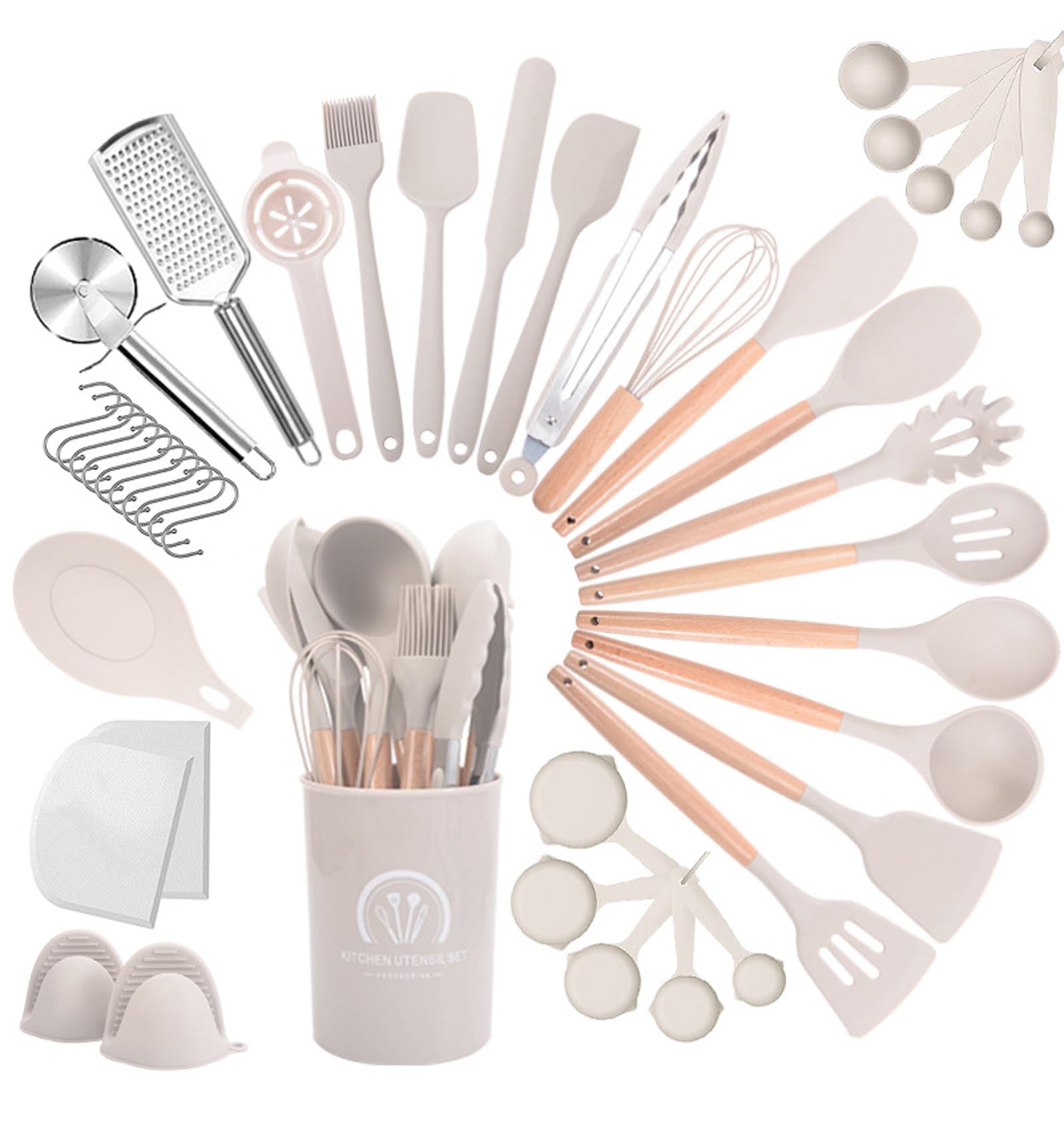Küchenhelfer-Set,43-teilig Silikon Kochutensilien Set mit Holzgriff,hitzebeständig antihaftbeschichtet Kochgeschirr Zange Spatel Löffel Set beste Küchenutensilien mit (Khaki)