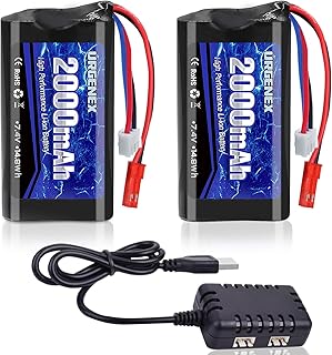 URGENEX 2000mAh 7.4 V Li-ion Battery with JST Plug 2S Rechargeable RC Battery with 1 to 2 USB Charger Fit for RC Helicopter Car Truck and RC Boats