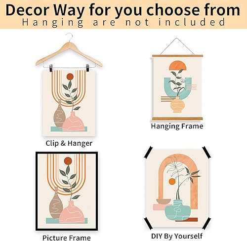 Miniatura 6 de Juego de 3 lienzos abstractos bohemios sin marco, 8 x 10 pulgadas, colores cálidos, jarrón geométrico abstracto, planta tropical, luna, sol,