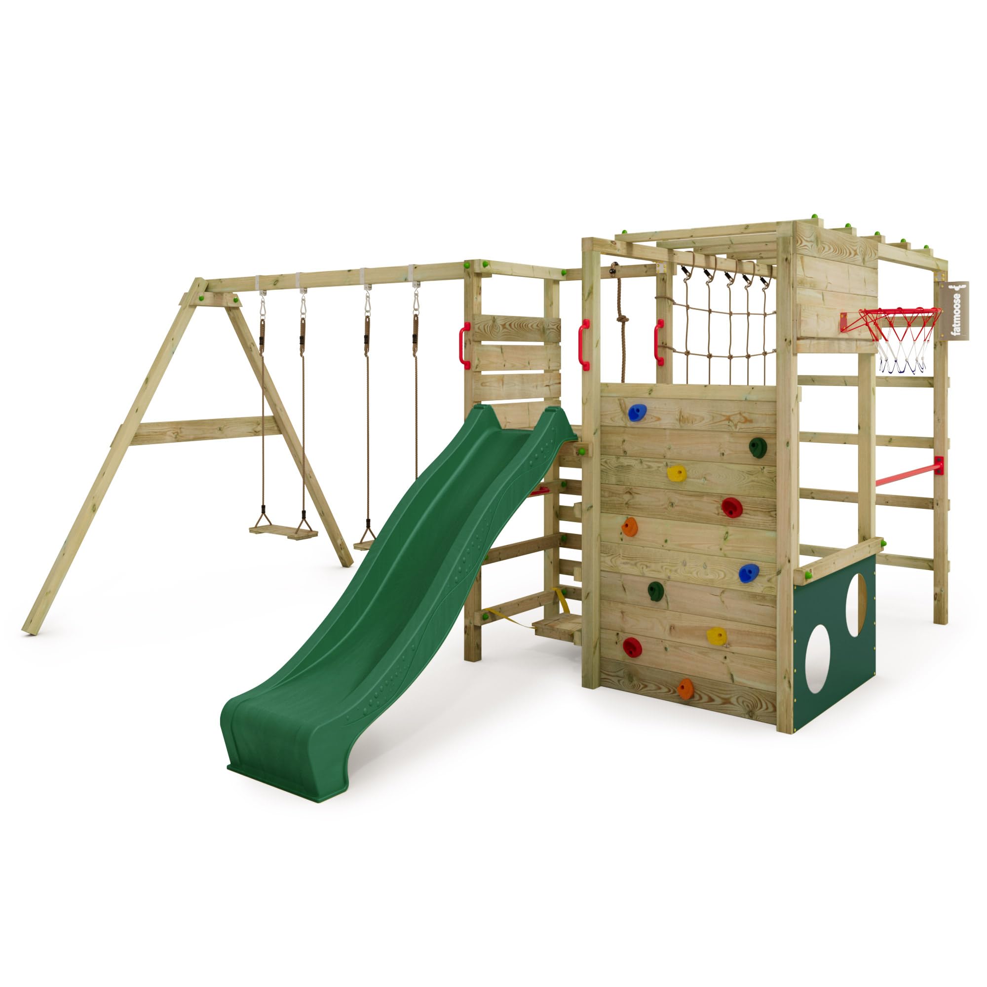 FATMOOSE Aire de Jeux ActionArena Air XXL portique en Bois avec balançoire et Toboggan, Tour d'escalade pour Enfants avec bac à Sable, échelle et Accessoires de Jeu pour Le Jardin. (Vert)
