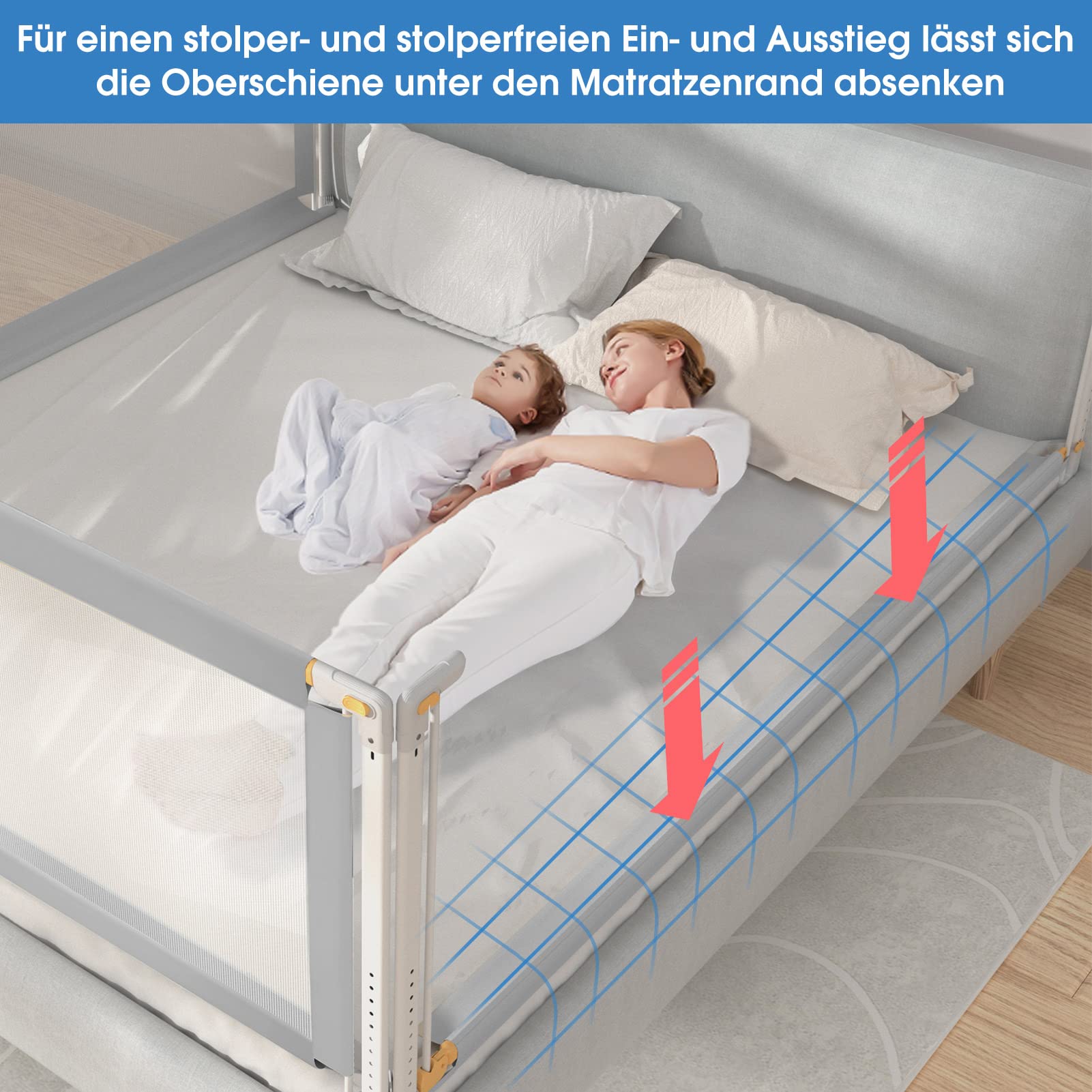 YIKANWEN Bettgitter, 200cm Bettschutzgitter ​für Kinder ab 0-10 Jahren, einziehbare Kinderbettgitter Babybettgitter,passend für Kinderbetten, Elternbetten und Alle Massivholzbetten（Nur 1 Stück）