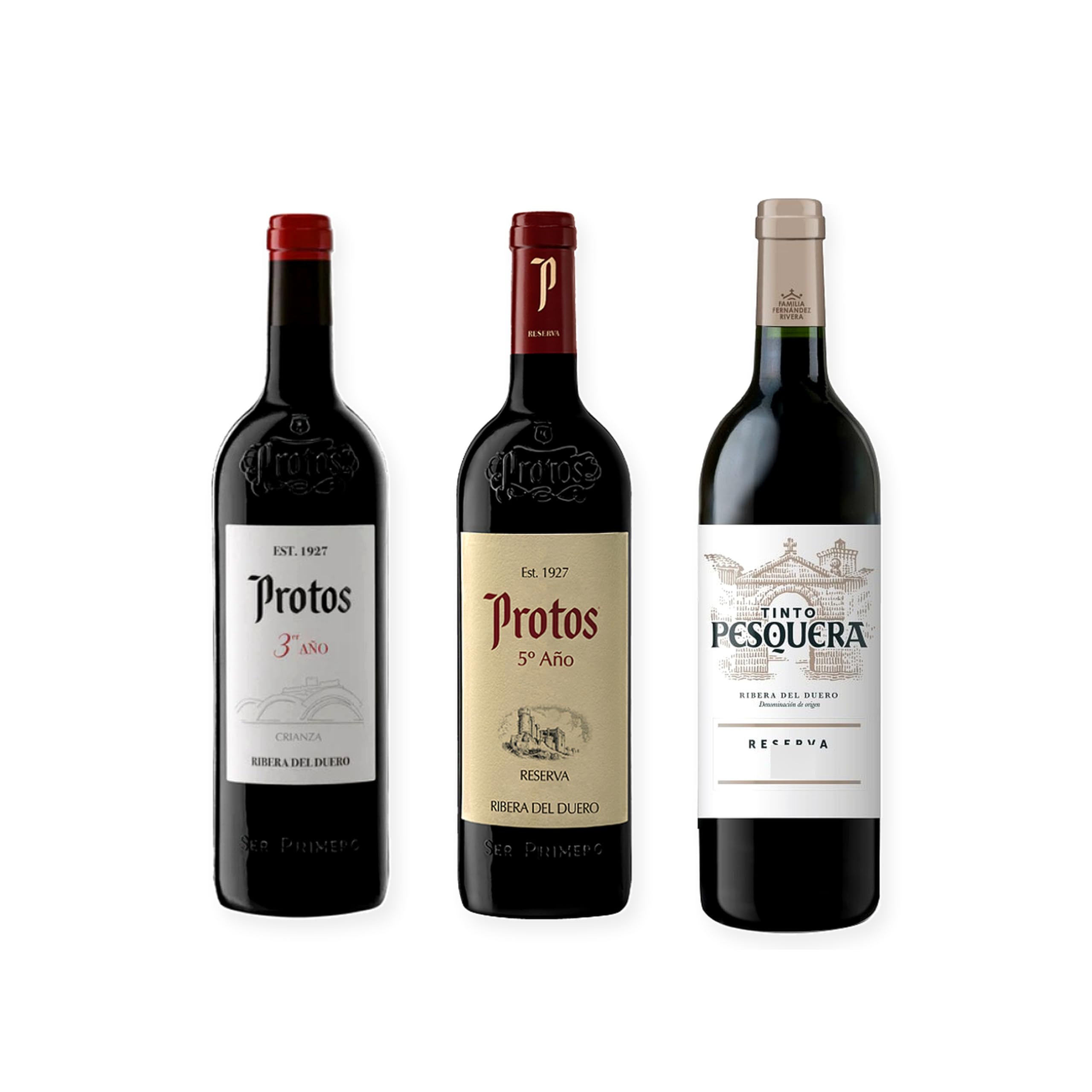 vino tinto Ribera del Duero Protos 3er Año, Protos Reserva 5º Año y Pesquera Reserva pack de 3 botellas 75 cl