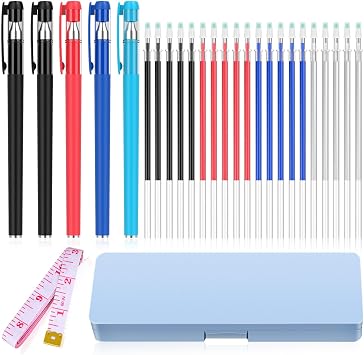 fabric markers for sewing, heat erasable pens for fabric sewing and quilting, 5 pens + 20 refills, embroidery fabric pen, disappearing ink pen for fabric, tailors marking, sewing supplies.