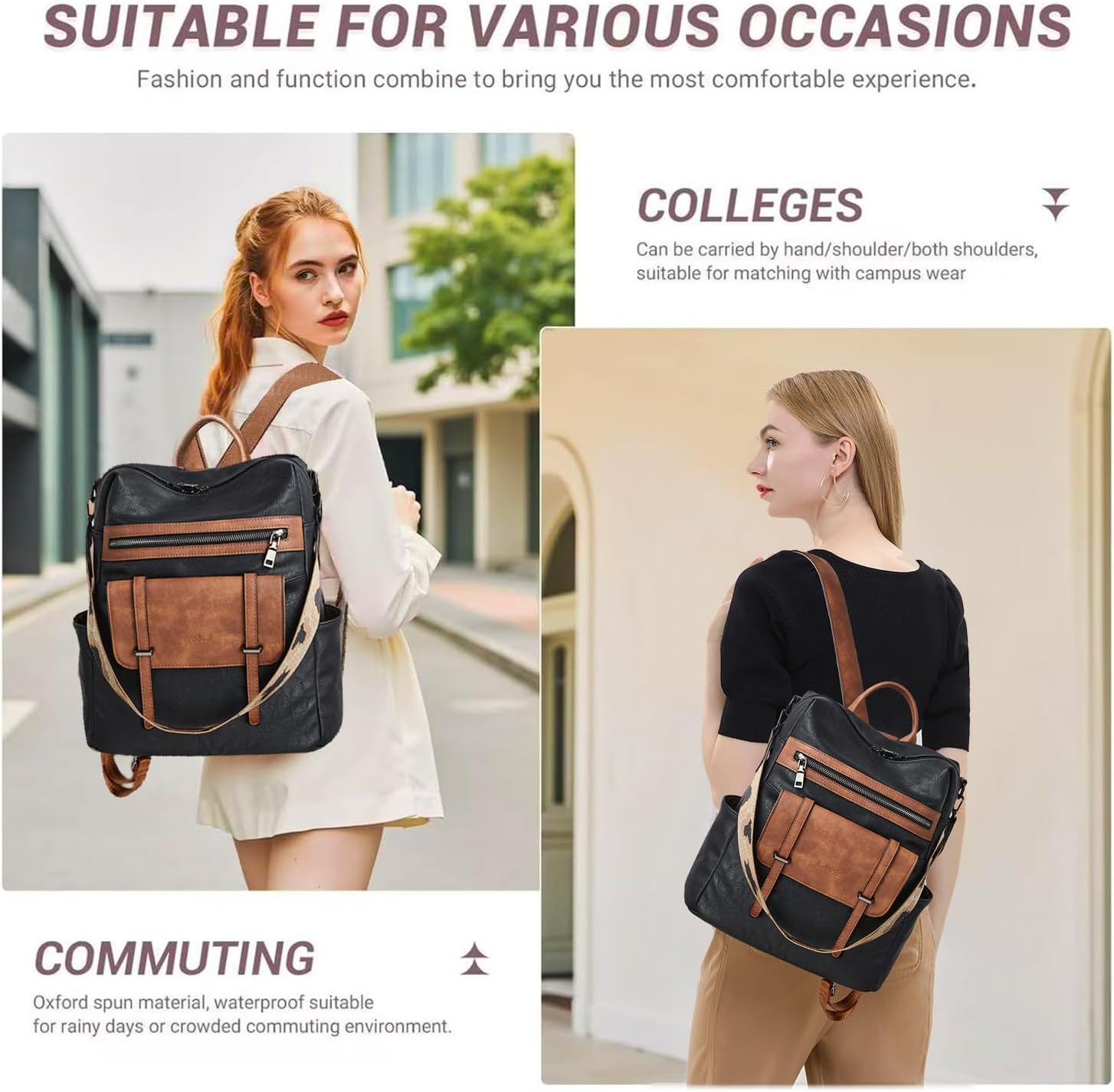 Backpack Purse for Women Fashion Designer Laptop Backpack for Women 15.6 inch Casual Daypack Backpacks with Wristlet (1-6 Black with Brown) - Image 2