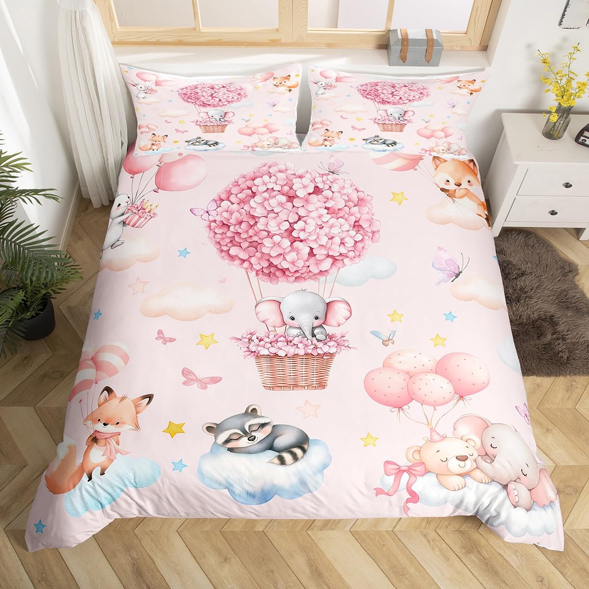 Homewish Urocze zwierzęta poszewka na kołdrę super królewska, różowy balon na gorące powietrze zestaw pościeli dla dzieci dziewcząt, kreskówka słoń lis niedźwiedź zestaw poszewek na kołdrę, urocze