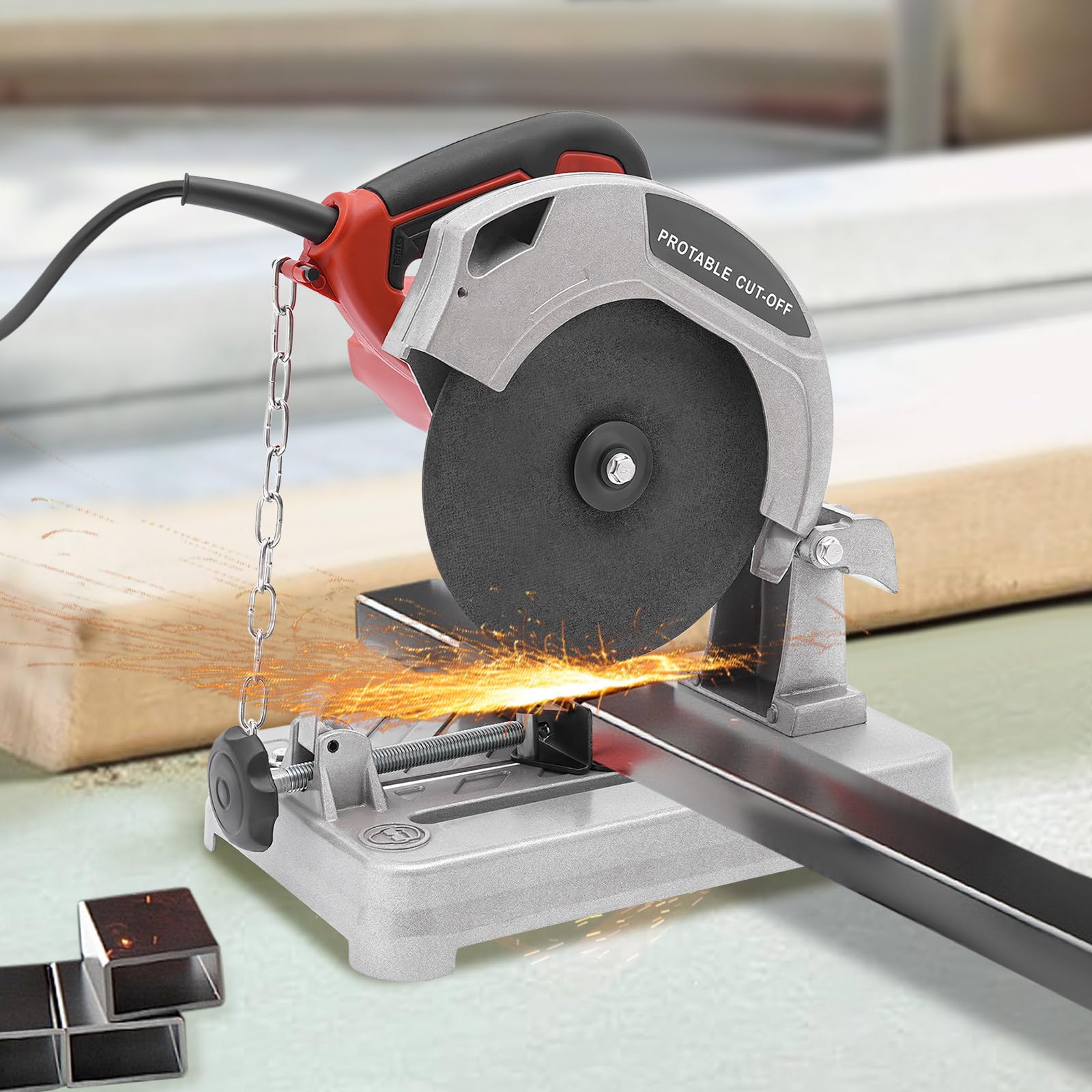 Troncatrice da 1200 W, con lama per sega da 185 mm, per legno, alluminio, acciaio, plastica, smussatura da 0° a 45° (rosso)