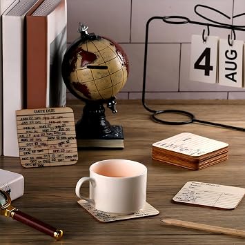 12 Pcs Library Card Coasters Book Club Gifts, Library Due Date Card Coasters Vintage Book Lover Librarian Gifts for Women Men Office Classroom Graduation Back to School Christmas Table Decorations