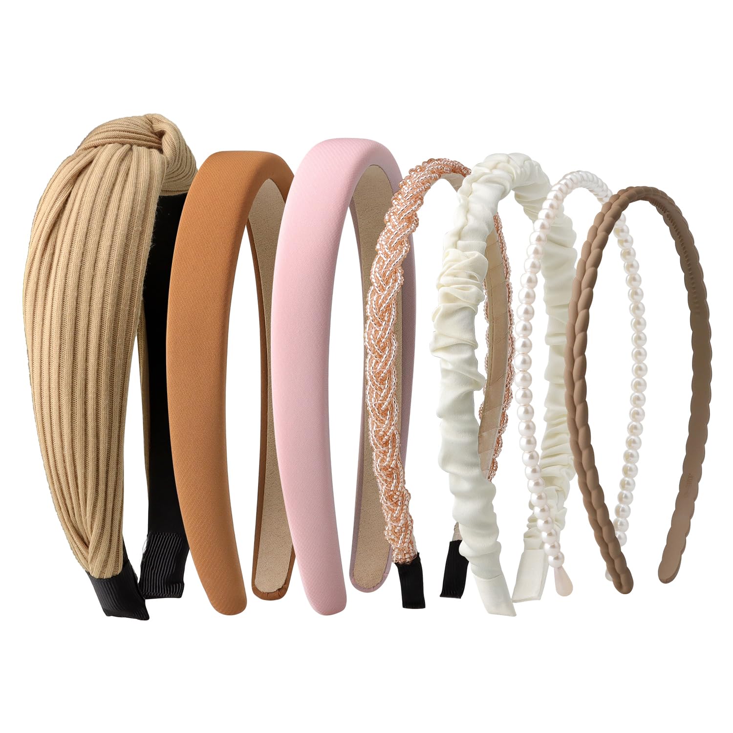 Fashion Headbands for Women Girls Headband Set 7pcs Pearl Headband Floral Hair Bands Padded Headbands for Women Vintage Wide Head band (Caramel)