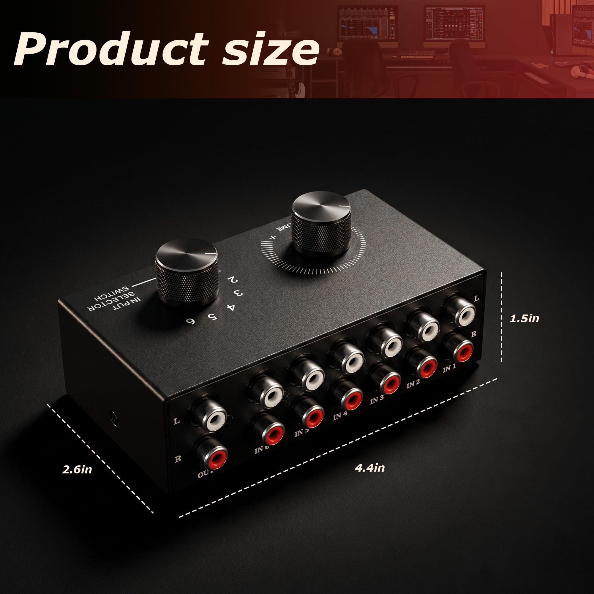 Conmutador de audio RCA, selector de audio 6 en 1, caja de selección estéreo pasiva de 6 canales, caja de metal, Plug and Play, control de volumen para sistemas de alta fidelidad