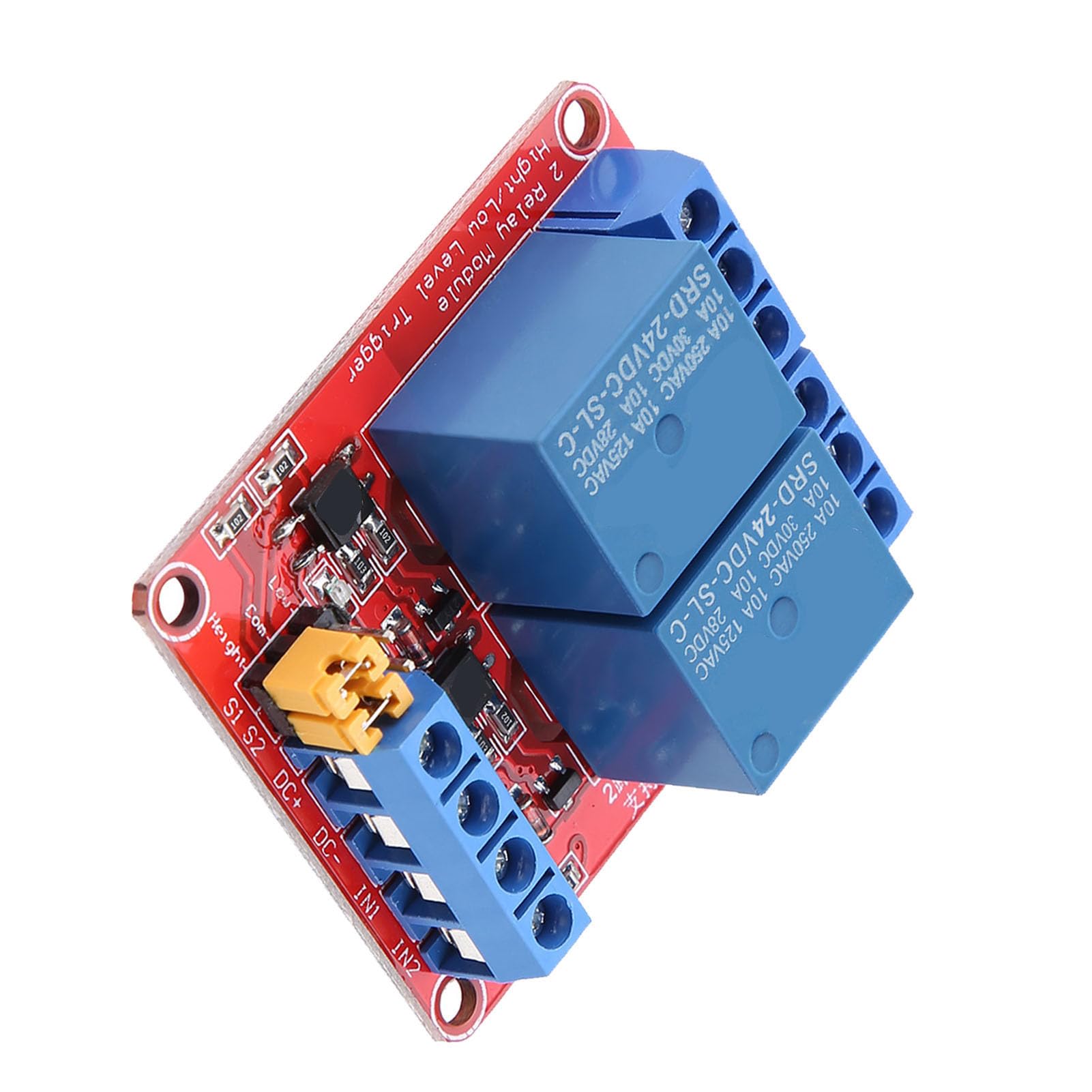 2 Channel Relay Module, Optocoupler Isolation, High and Low Level Trigger, DC10A or AC10A, DC 30V or 10A, Stable Performance, Easy Installation, Green Power Light, Red Relay (24V)