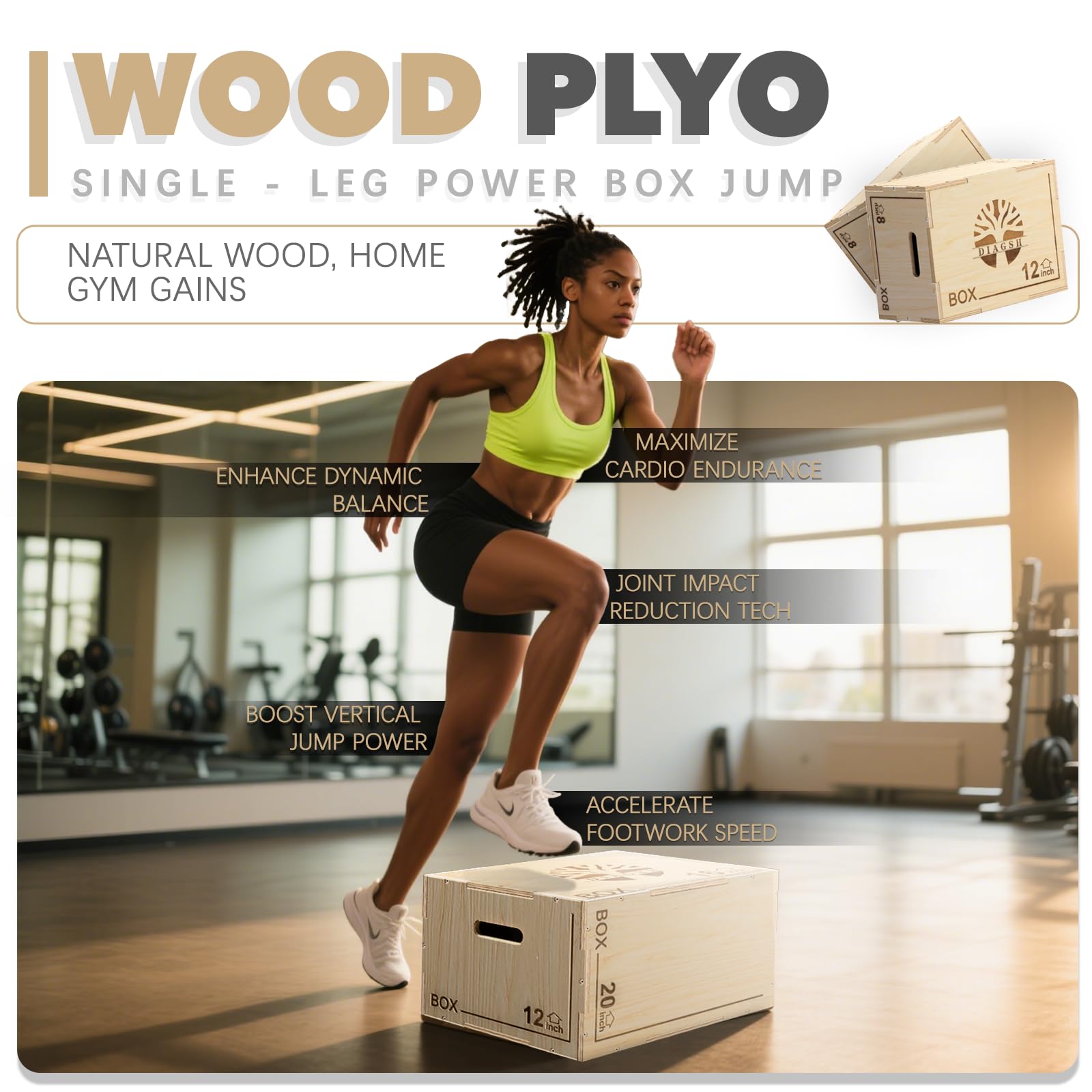 Plyo Box - Plataforma pliométrica de madera 3 en 1 (20 x 16 x 12 pulgadas) para entrenamiento de gimnasio en casa, ideal para saltos, sentadillas y acondicionamiento, 1 pieza