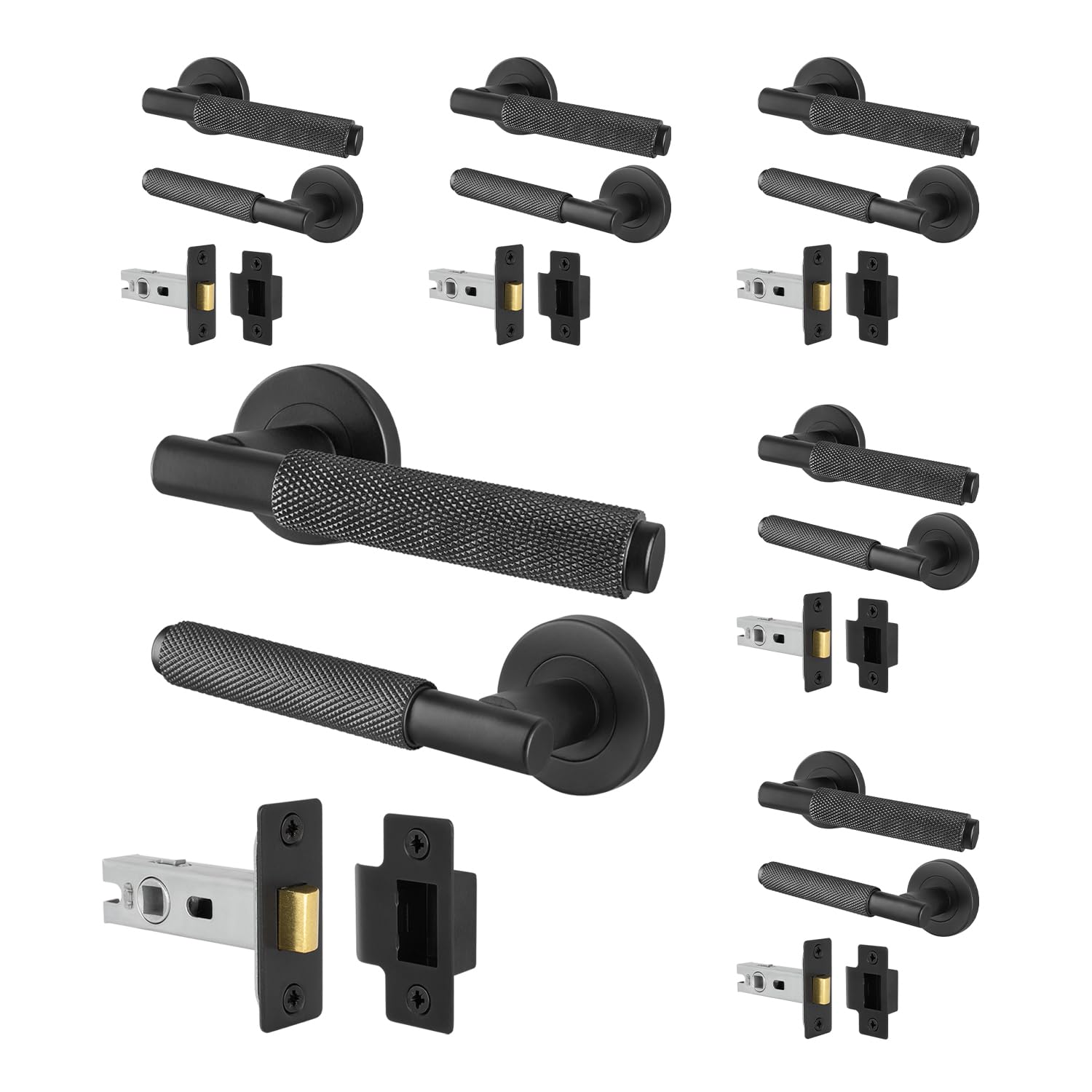EAI Matt Black Door Handles with Latches, 6 Pack - Dolton