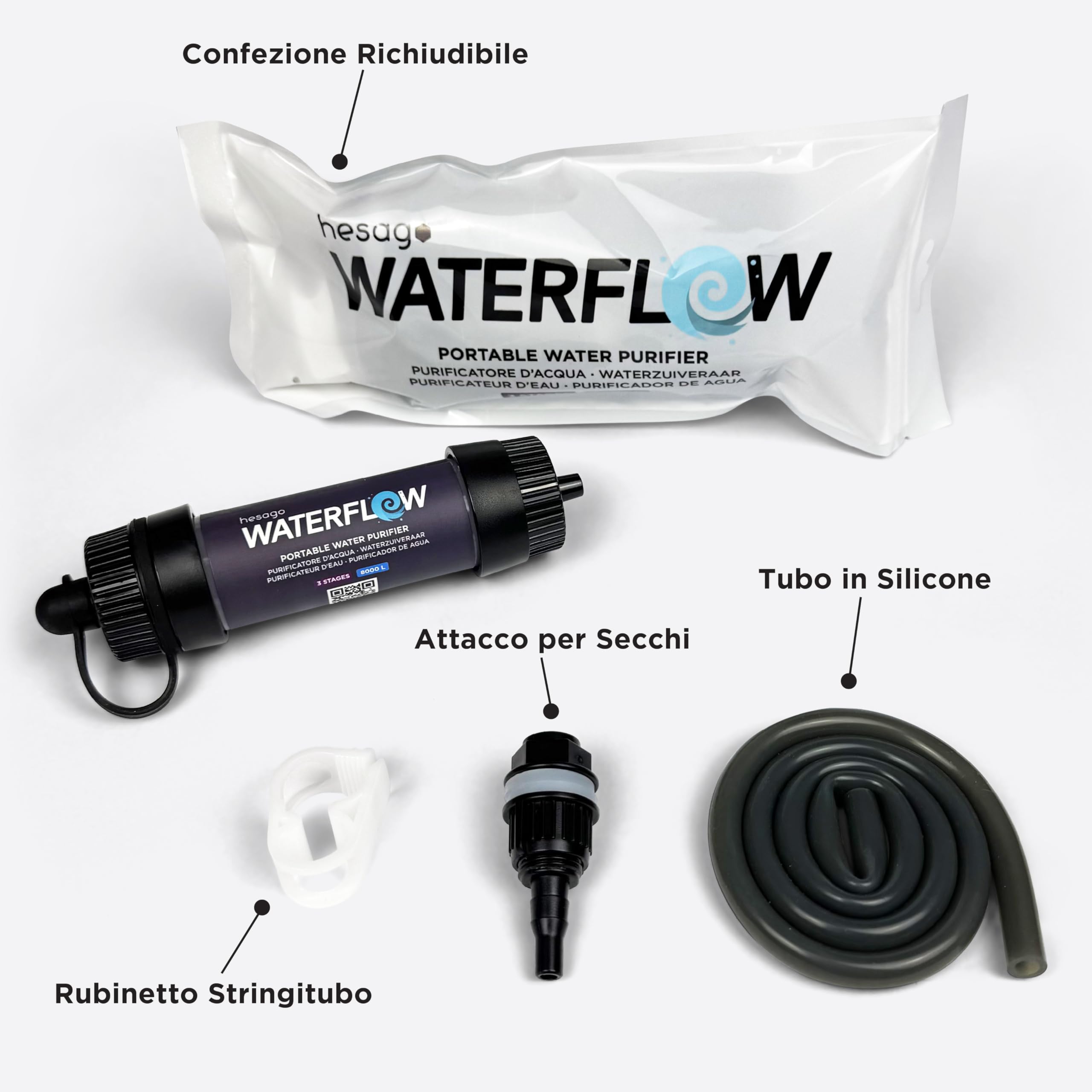 Waterflow 3 Stadi - Filtro Acqua per Escursionisti e Kit Sopravvivenza, Depuratore, Purificatore, Potabilizzatore - Rimozione Batteri al 99,9%