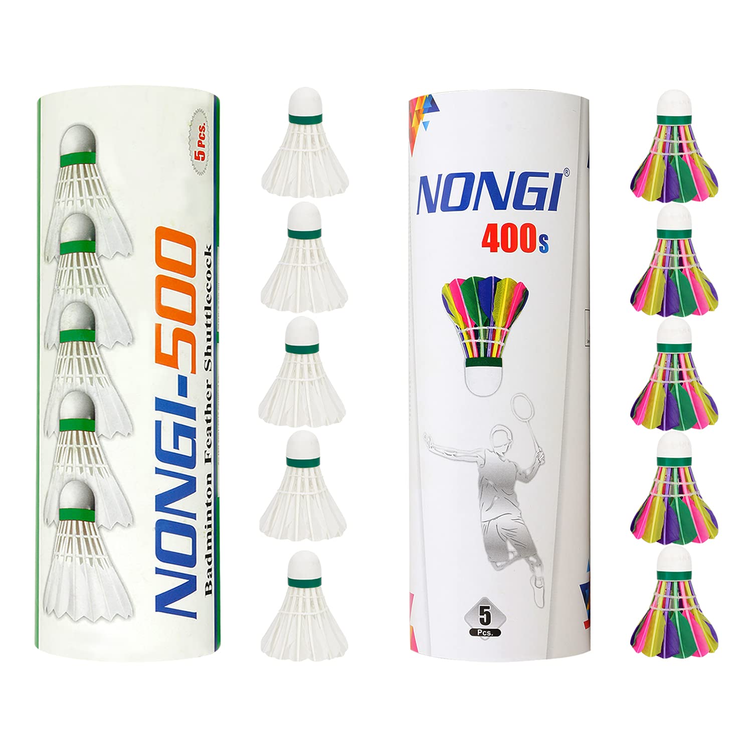 NONGI Combo Shuttle Pack of 10 Shuttlecocks 500 (5 White Feather), 400s(5 Colored Feather) for Outdoor Indoor Badminton Sports (B098F8HH1B) Amazon Price History, Amazon Price Tracker