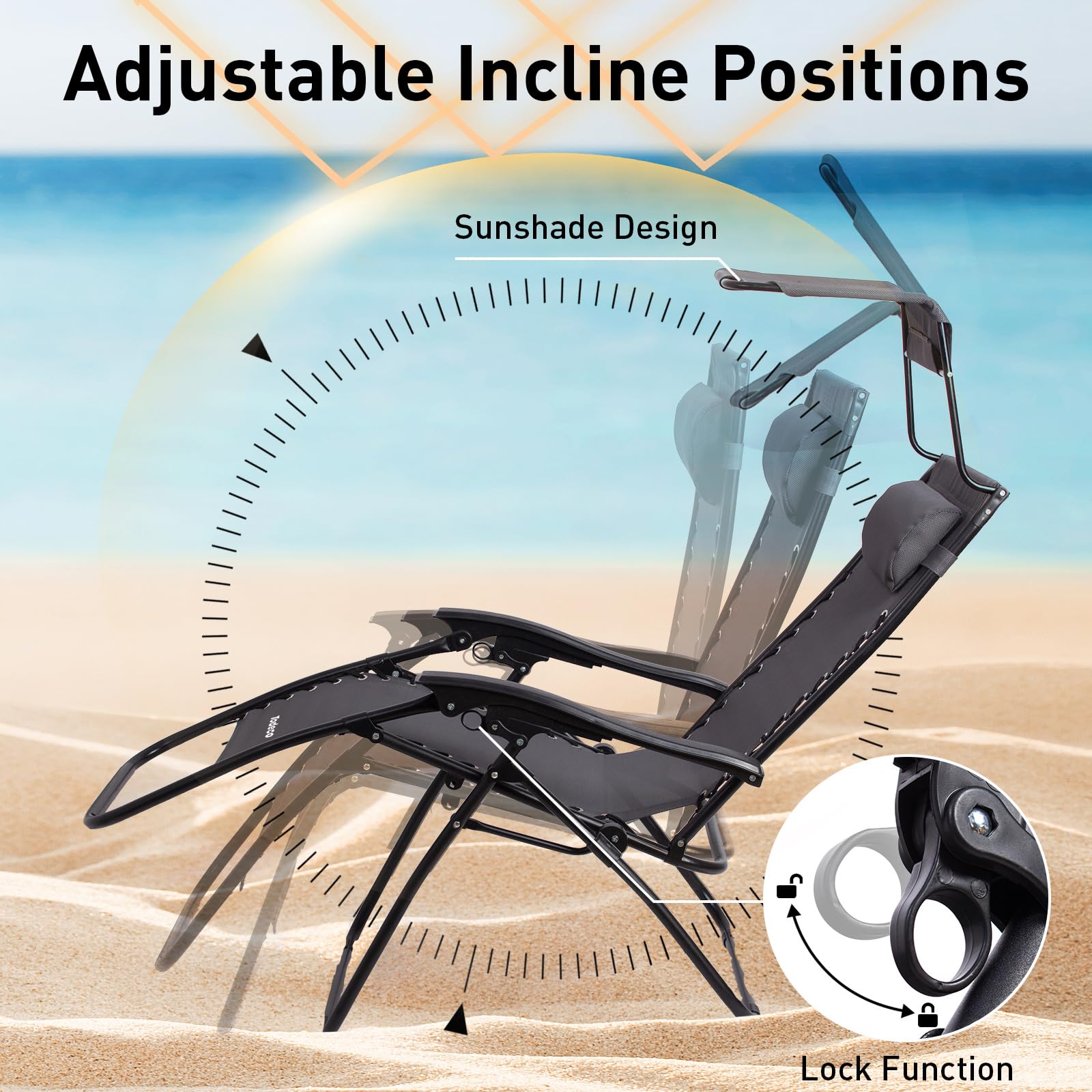 Todeco Tumbona Plegable Jardín con Toldo, Silla Gravedad Cero Reclinable con Respaldo Ajustable para Patio, Camping, Terraza y Piscina, Carga máxima 100kg, Gris