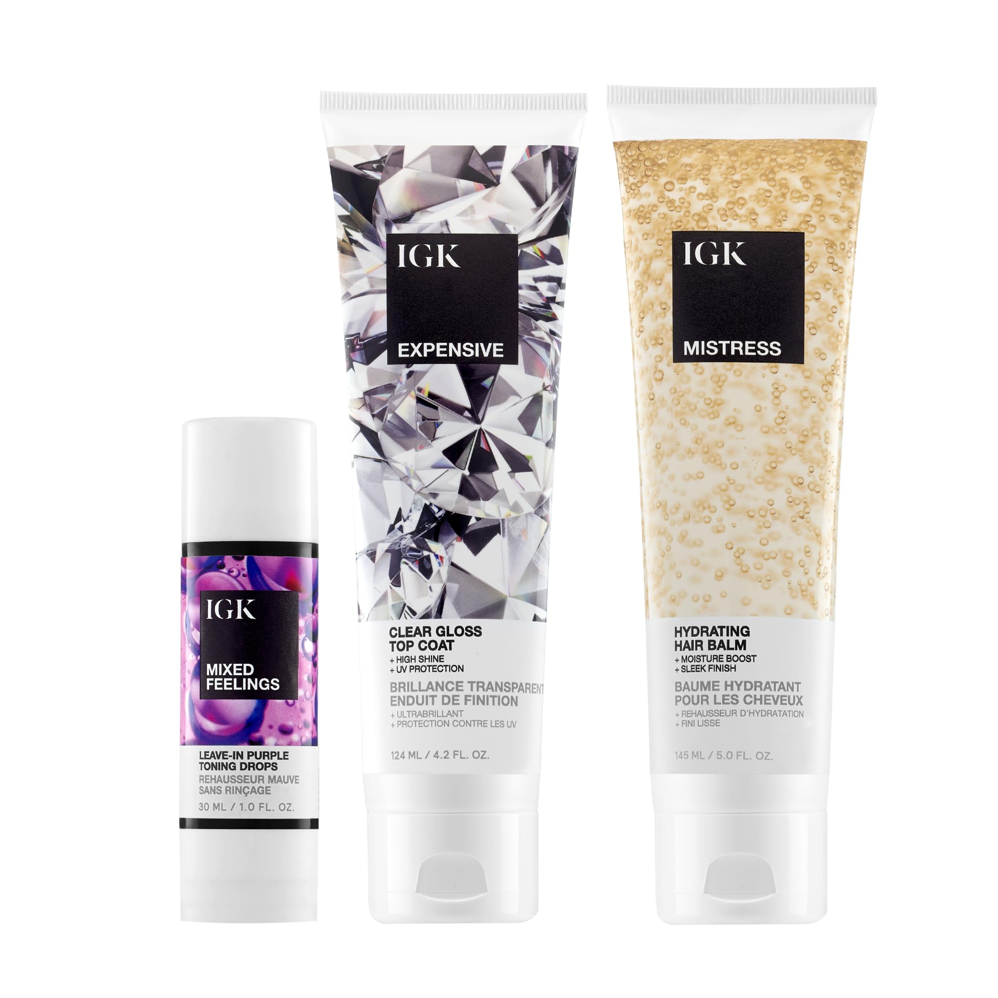 IGK Mixed Feelings Leave-In Blonde Toning Drops + Expensive Shine Gloss Treatment + Mistress Hydrating Hair Balm – Blonde Tone Maintenance, Shine & Hydration Trio – Vegan & Cruelty-Free