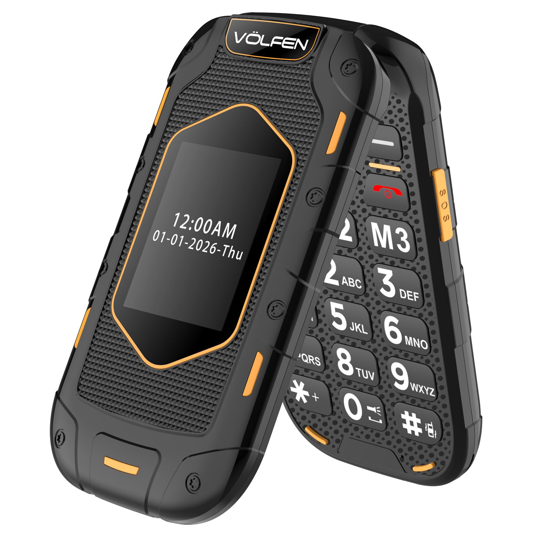 Ranger - Telefono robusto per anziani, doppio schermo, pulsanti e tasti grandi, facile da usare, USB-C, 3 memorie dirette, base di ricarica, nero/giallo