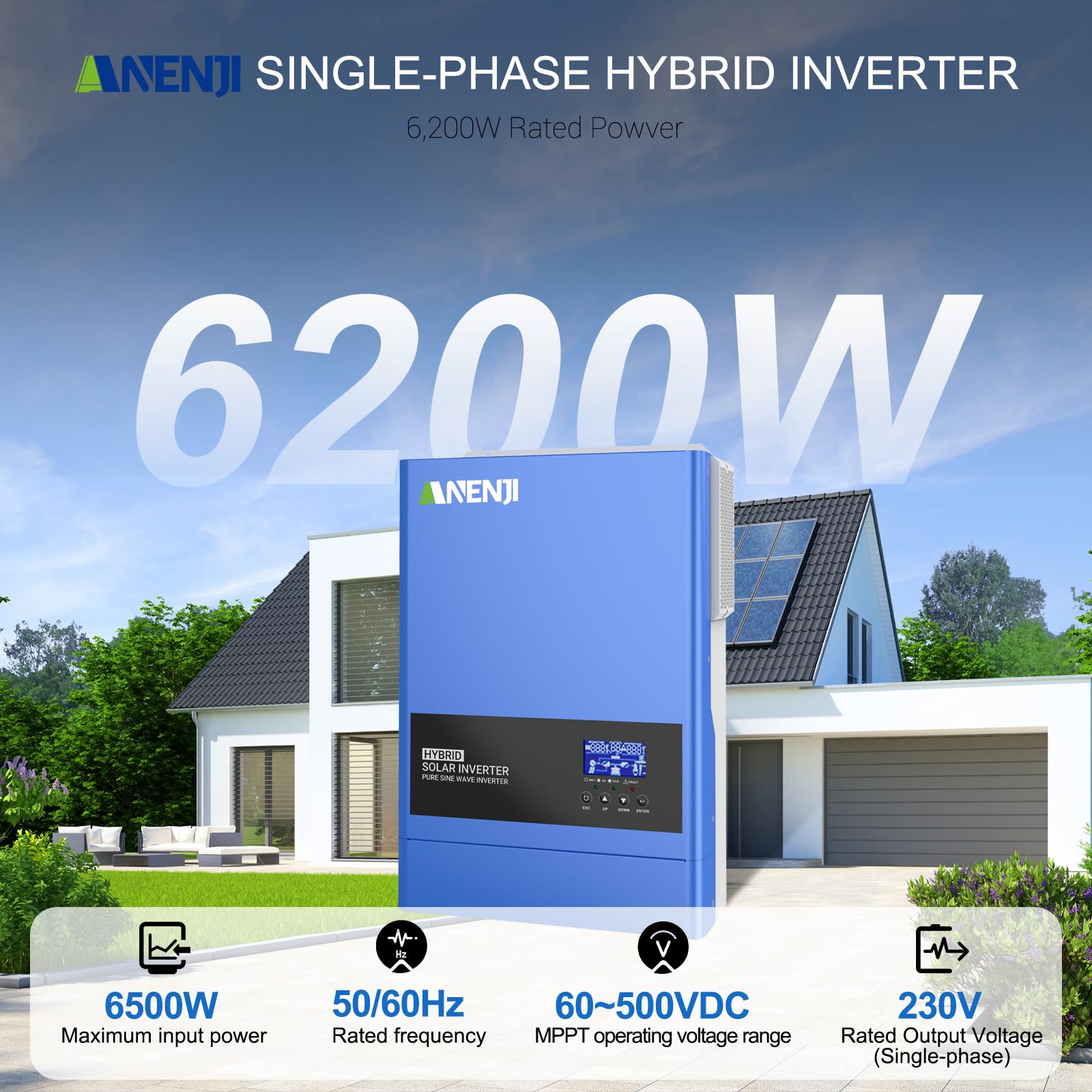 6200W Solar Hybrid Wechselrichter 48VDC zu 230VAC Reiner Sinus Wechselrichter mit 120A MPPT Solarladeregler, Max PV-Eingangsspannung 500V, für 48V Lithium Batterien,mit WiFi-Modul